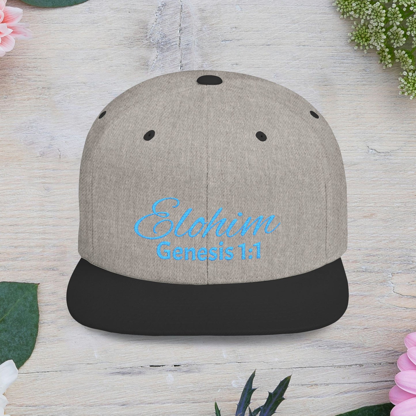 Teal Embroidery 'ELOHIM, GENESIS 1:1' Flat Bill Snapback Hat, Stylish Cap for Everyday Wear, Church Events, Gift for Him/Her, Streetwear Accessory, Casual Fashion