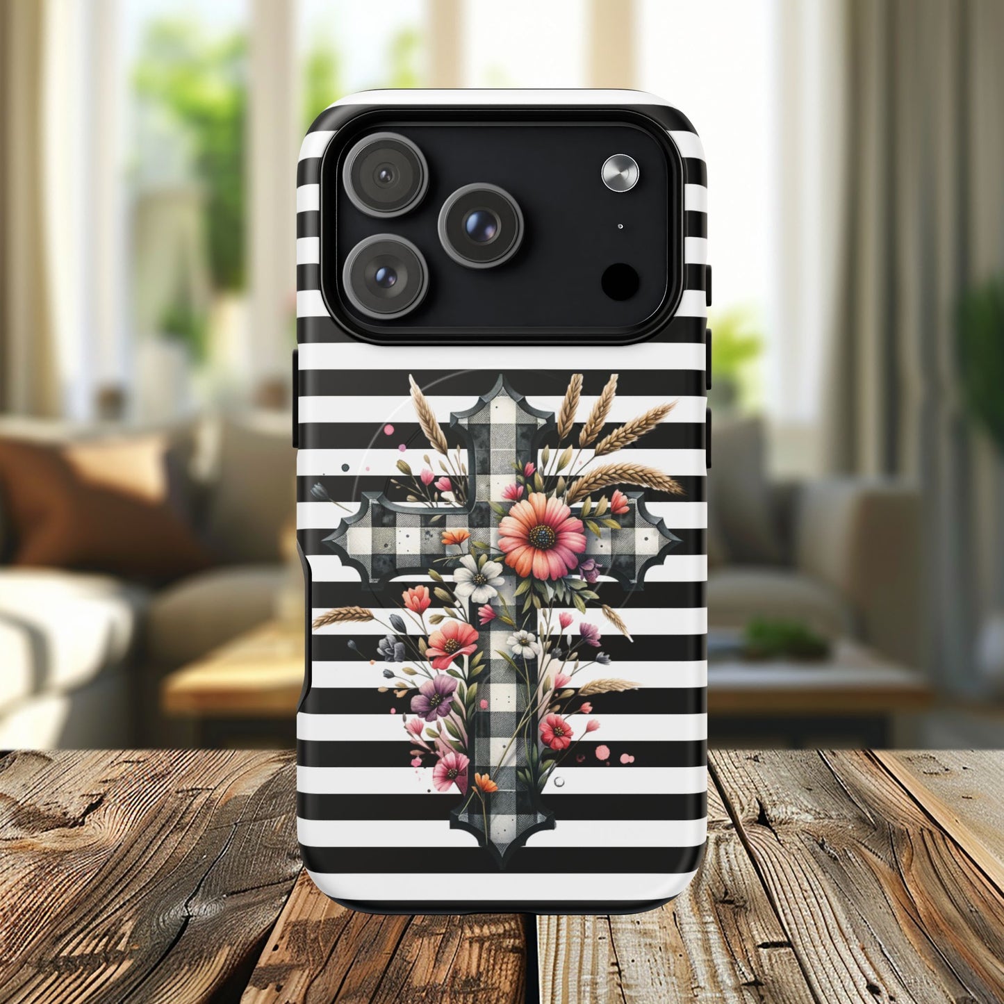 Grace in Bloom Tough Magnetic iPhone Case with Floral Cross Design, Boho iPhone Cover, Striped iPhone Case, Unique Religious Gift, Trendy Cell iPhone Accessory.