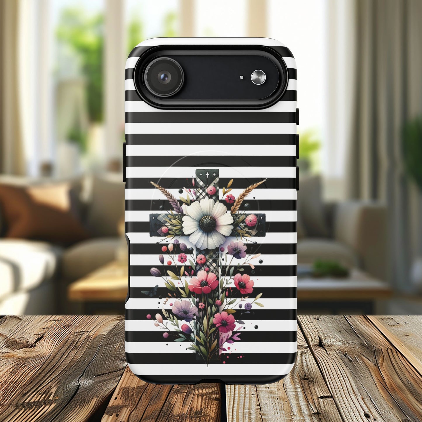 Faith in Bloom Tough iPhone Magnetic Case, iPhone Accessories, Floral iPhone Cover, Durable Cases for Gifts, Black and White Stripes