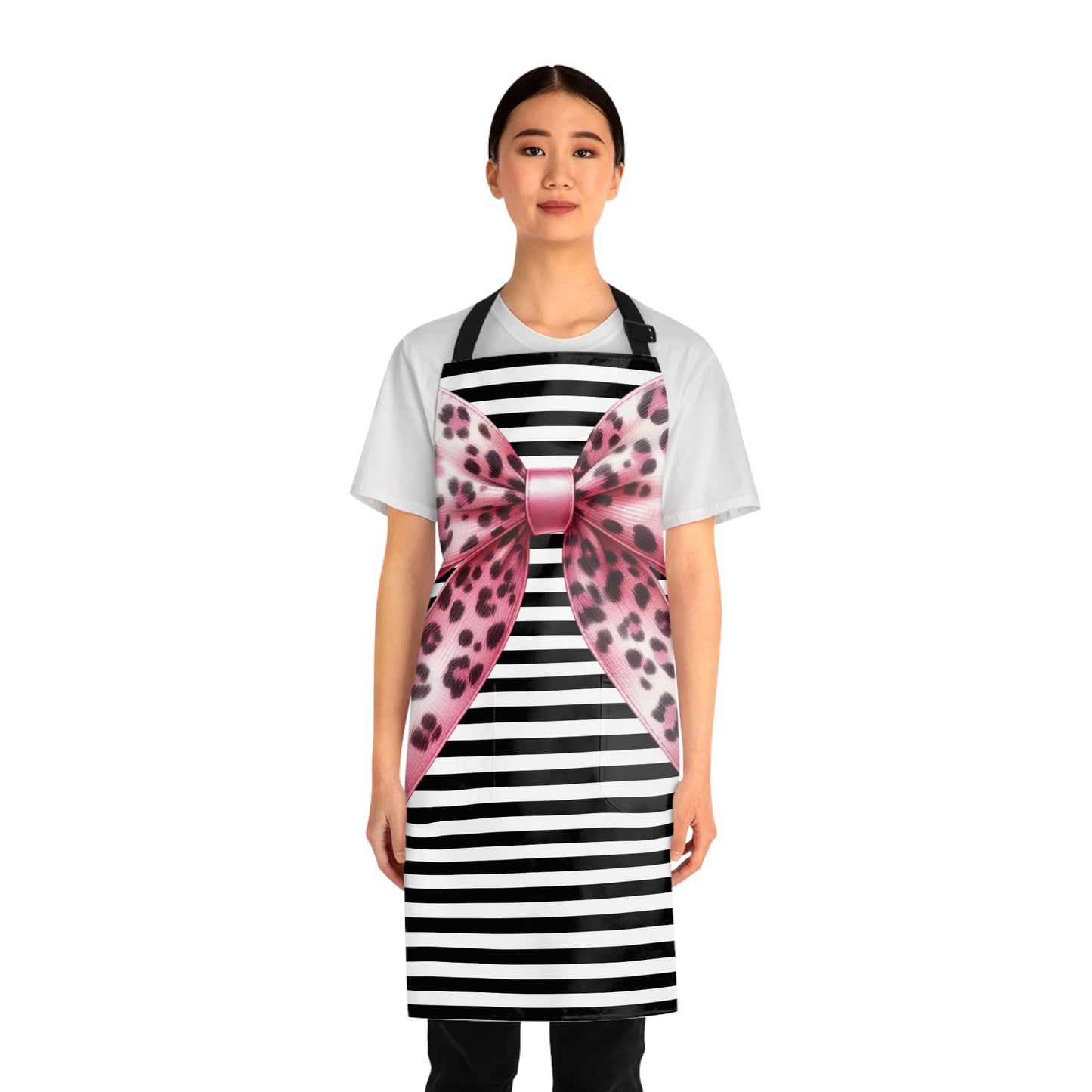 Striped Pink Animal Print Bow Grilling Apron with Tie Straps (AOP).