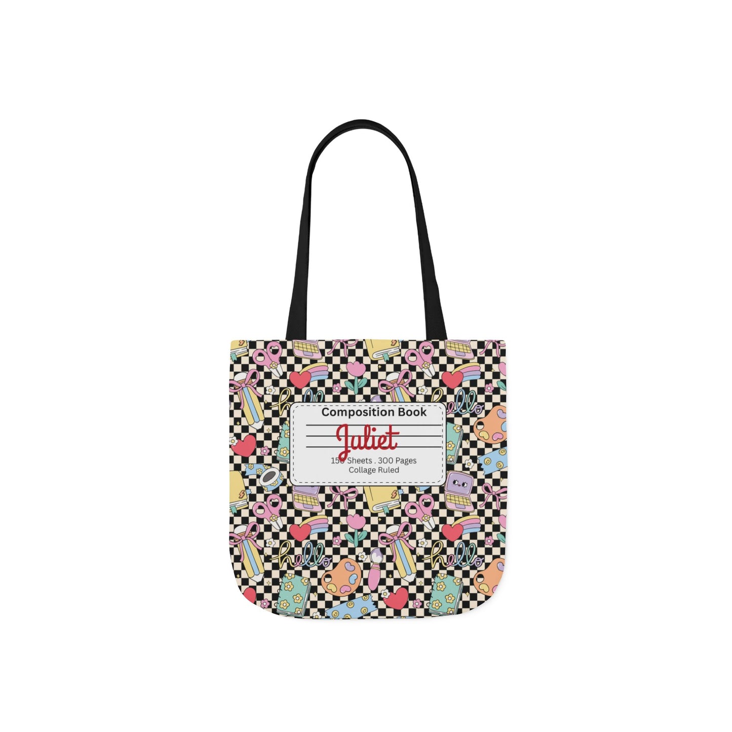 Personalized Black Doodle Daydream Composition Book Inspired Canvas Tote Bag with Colorful Straps, Cute School Bag, Eco-Friendly Tote, Back to School Shopping Bag, Teacher Gift Idea