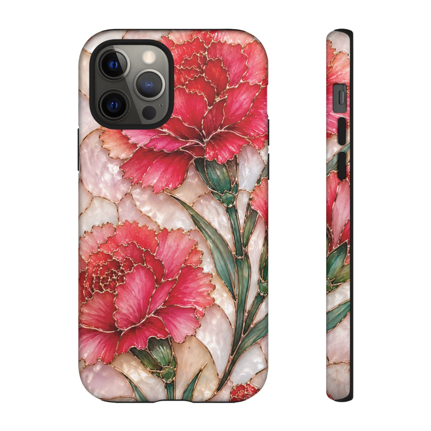 Stained Glass Effect Carnation Floral Tough Phone Case – Pink Vintage Botanical Protective Cover
