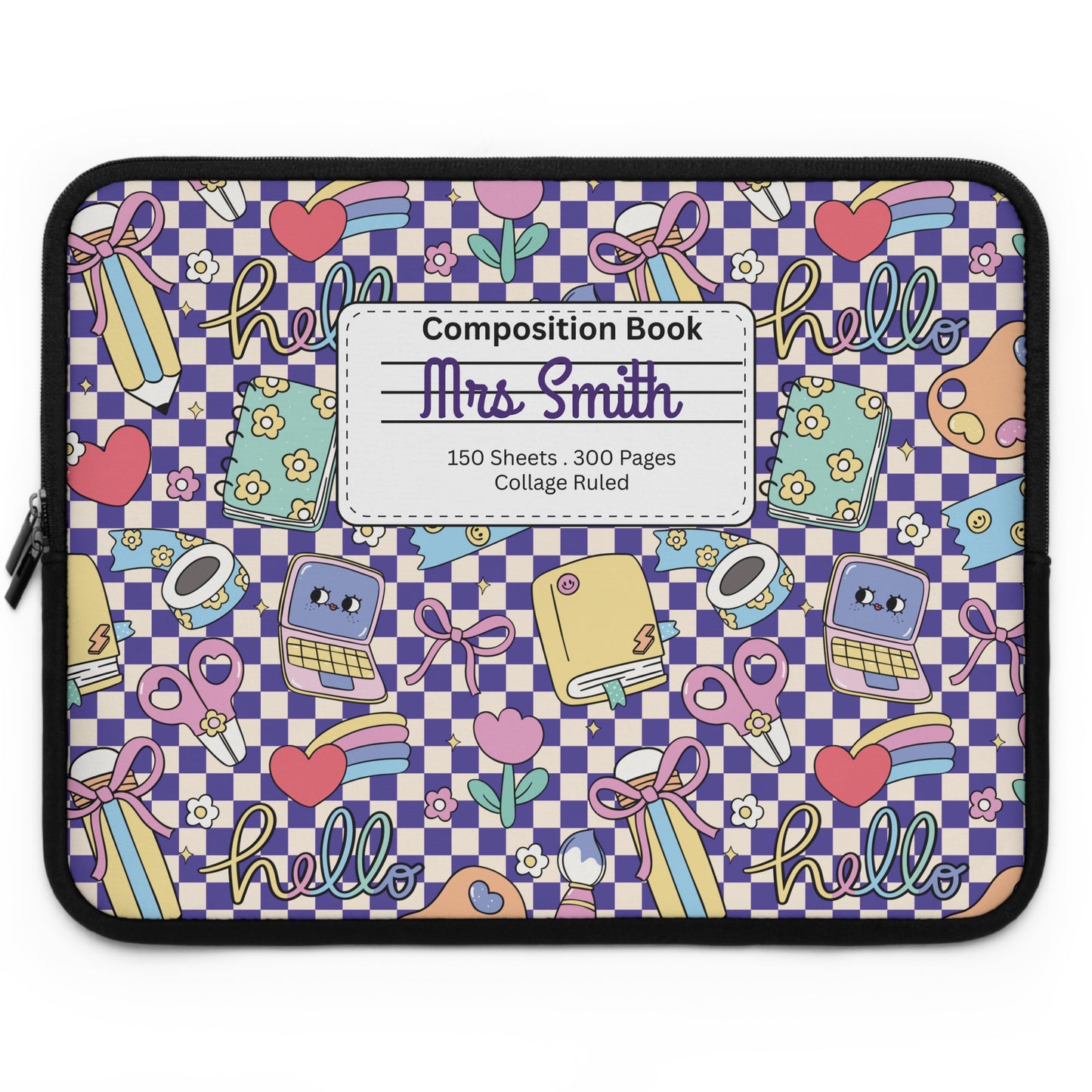 Personalized Purple Doodle Daydream Laptop Sleeve with Composition Book Inspired Design, Customizable Tech Case, School Supplies, Gift for Students, College Essentials, Back to School