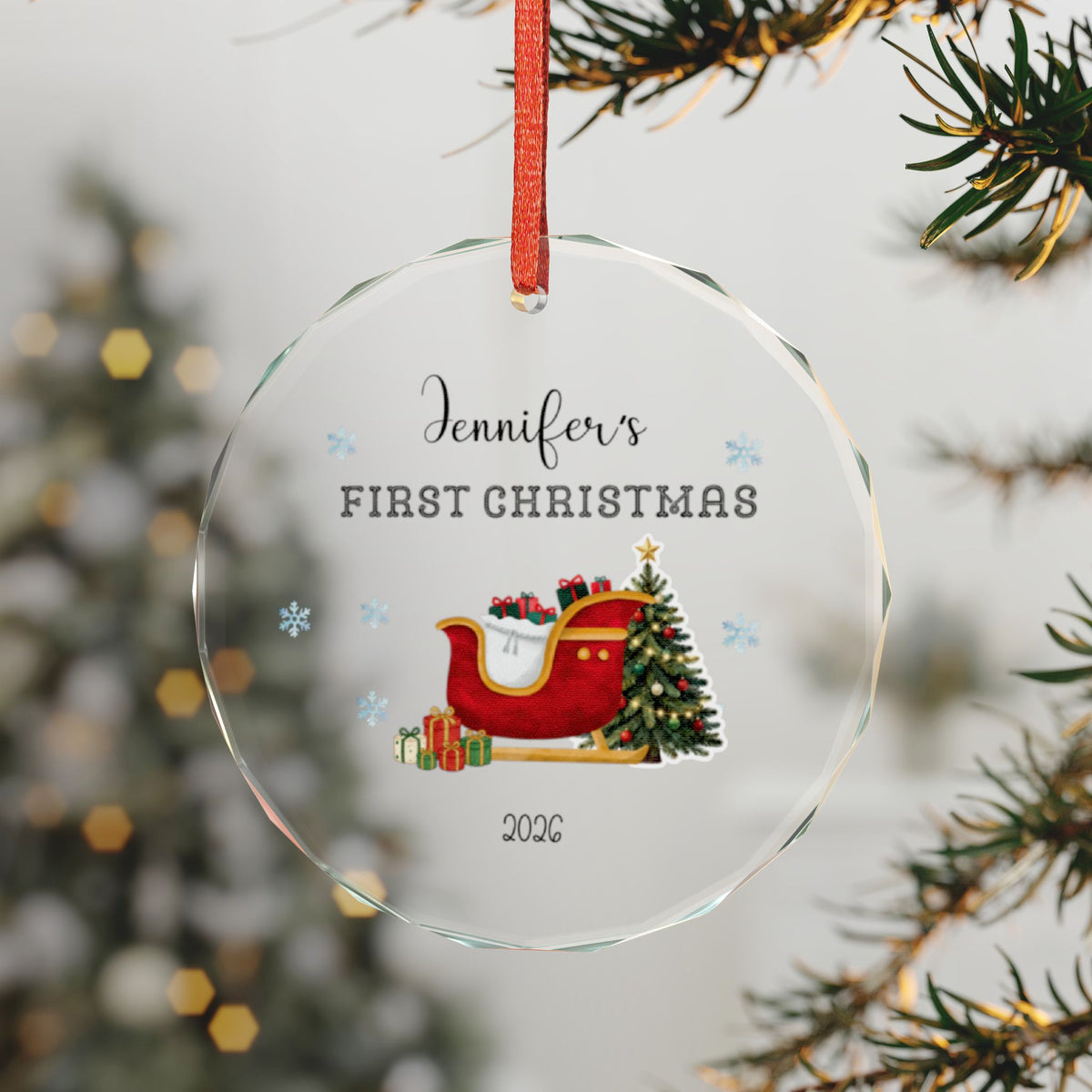 Personalized "First Christmas" Glass Ornament — Custom Name & Year, Sleigh & Tree Holiday Keepsake