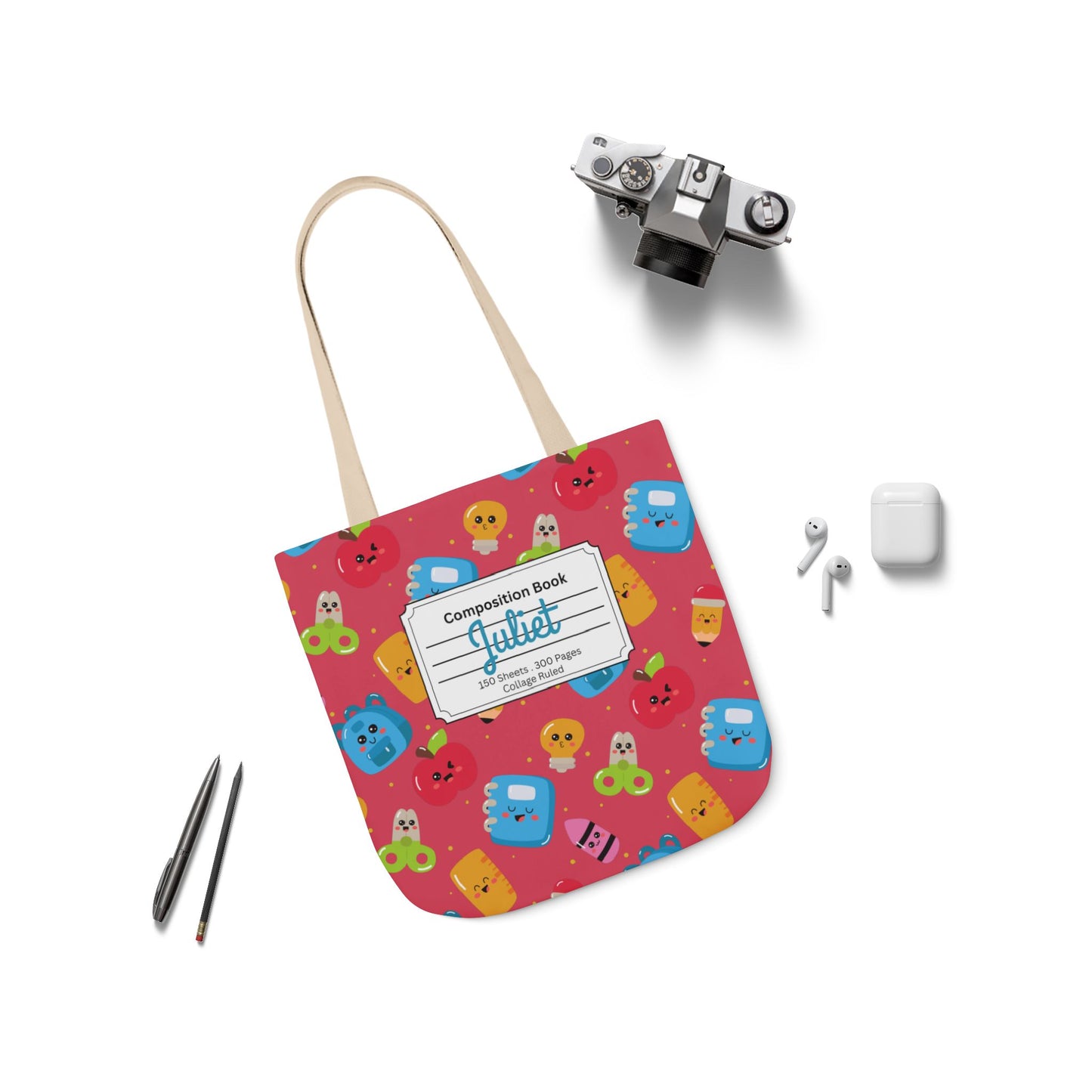 Personalized Kawaii Composition Book Inspired Canvas Tote Bag with Colorful Straps, Cute School Bag, Eco-Friendly Tote, Back to School Shopping Bag, Teacher Gift Idea