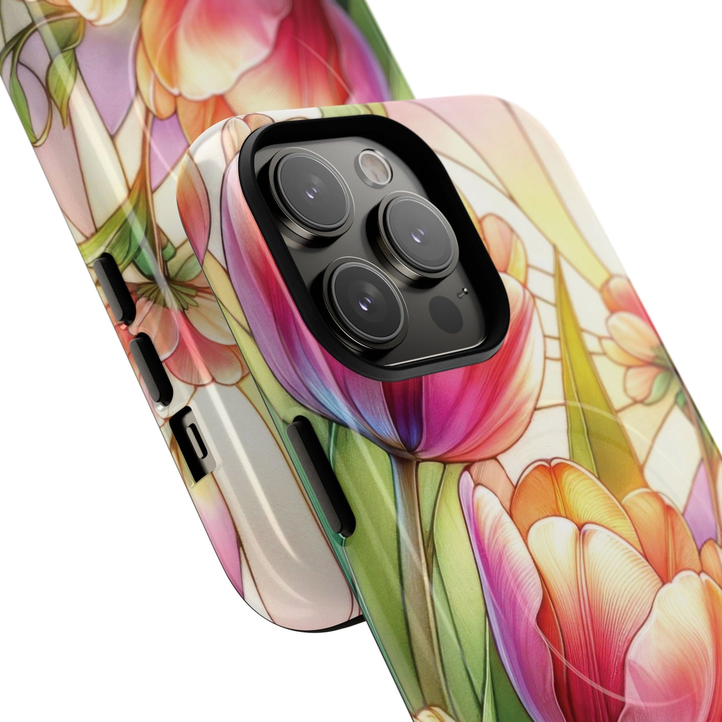 Tulip Glow Tough iPhone Magnetic Case, Floral Design, Spring Gift, Durable Protection, Smartphone Accessories, MagSafe Accessories, Stained Glass Tulip Gift