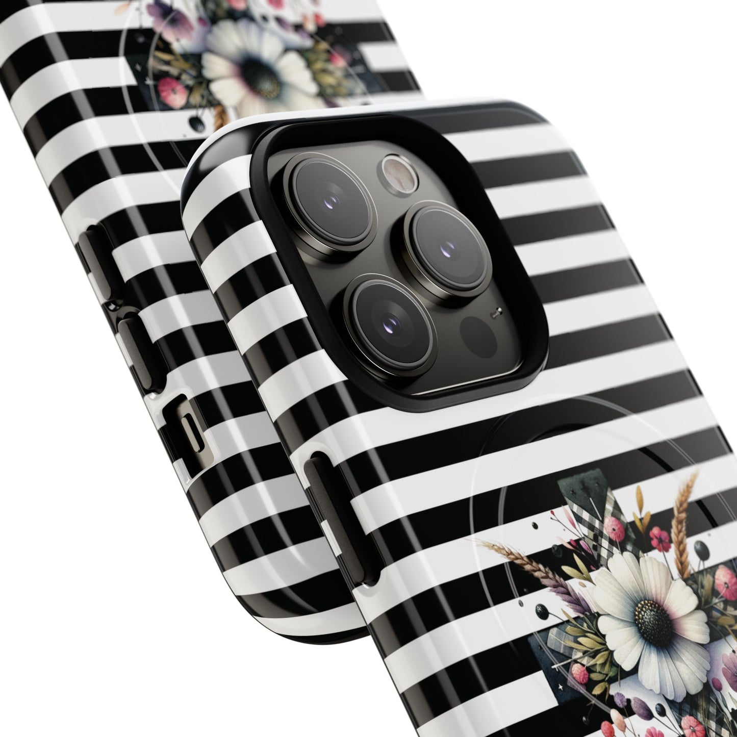 Faith in Bloom Tough iPhone Magnetic Case, iPhone Accessories, Floral iPhone Cover, Durable Cases for Gifts, Black and White Stripes