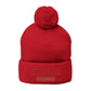 Red Pom-Pom Knit Cap with 'ELOHIM, GENESIS 1:1'  Embroidery Beanie - Stylish Winter Accessory for All Ages, Perfect Gift for Birthdays, Holidays, and Outdoor Activities