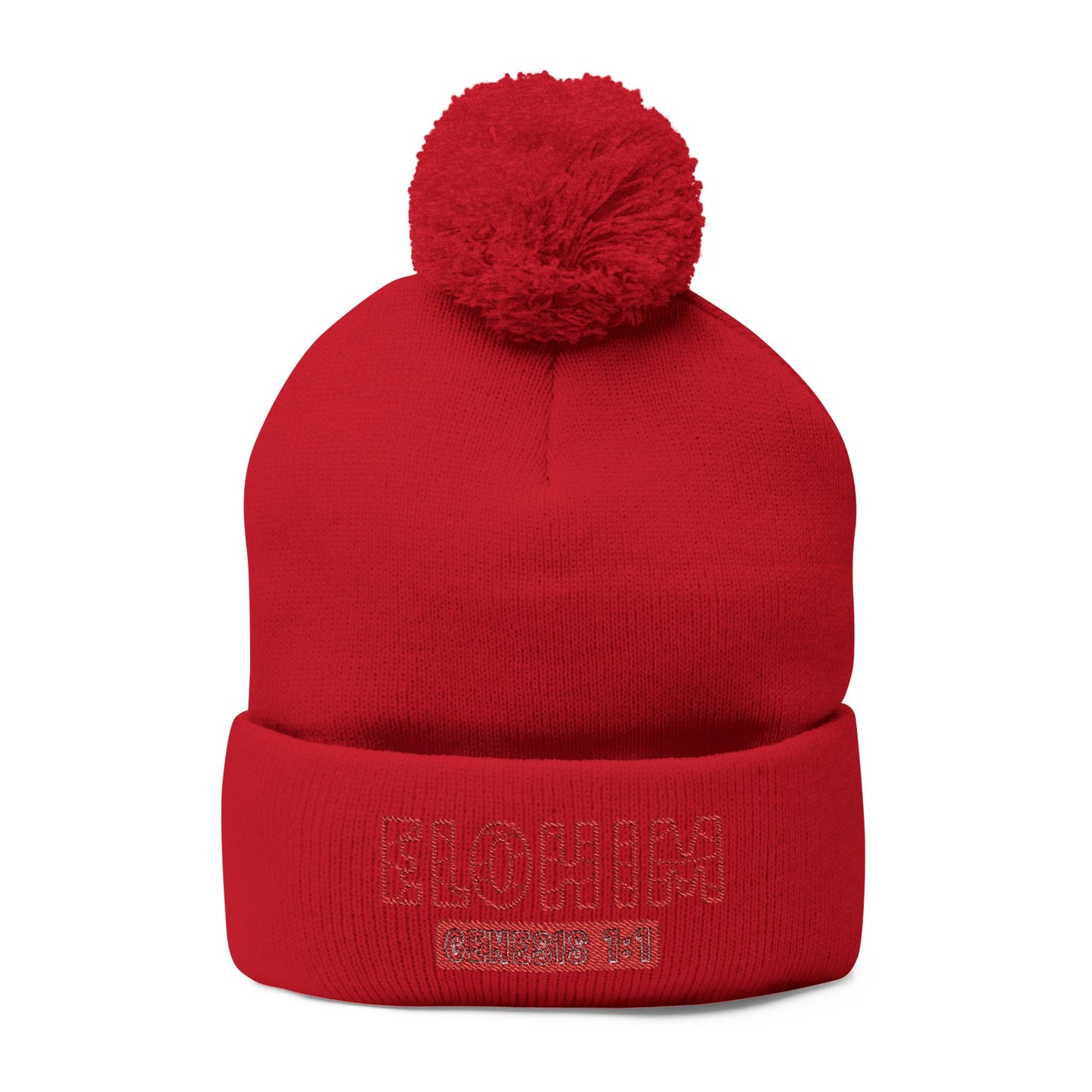 Red Pom-Pom Knit Cap with 'ELOHIM, GENESIS 1:1'  Embroidery Beanie - Stylish Winter Accessory for All Ages, Perfect Gift for Birthdays, Holidays, and Outdoor Activities