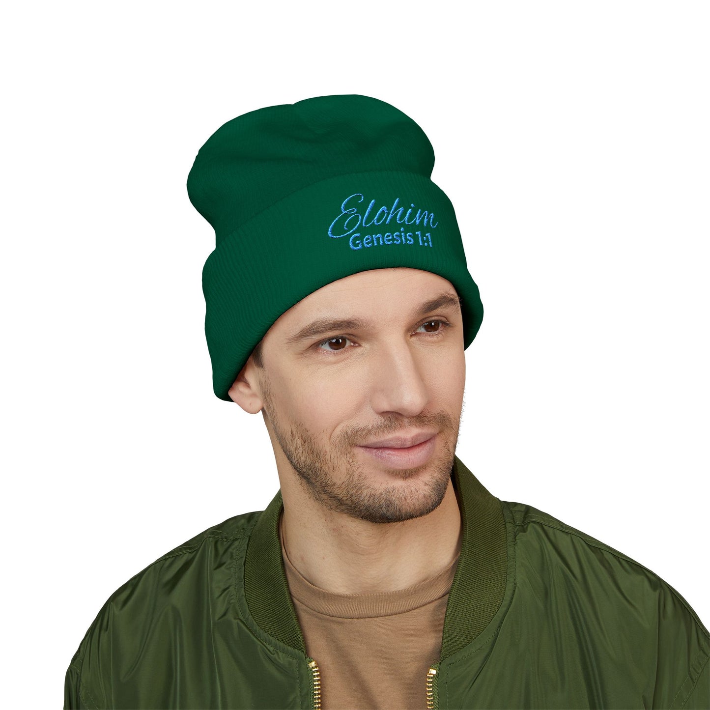 Teal Embroidered 'ELOHIM, GENESIS 1:1' Classic Cuffed Beanie - Cozy Winter Hat, Streetwear Accessory, Personalized Gifts, Religious Apparel, Unisex Beanie