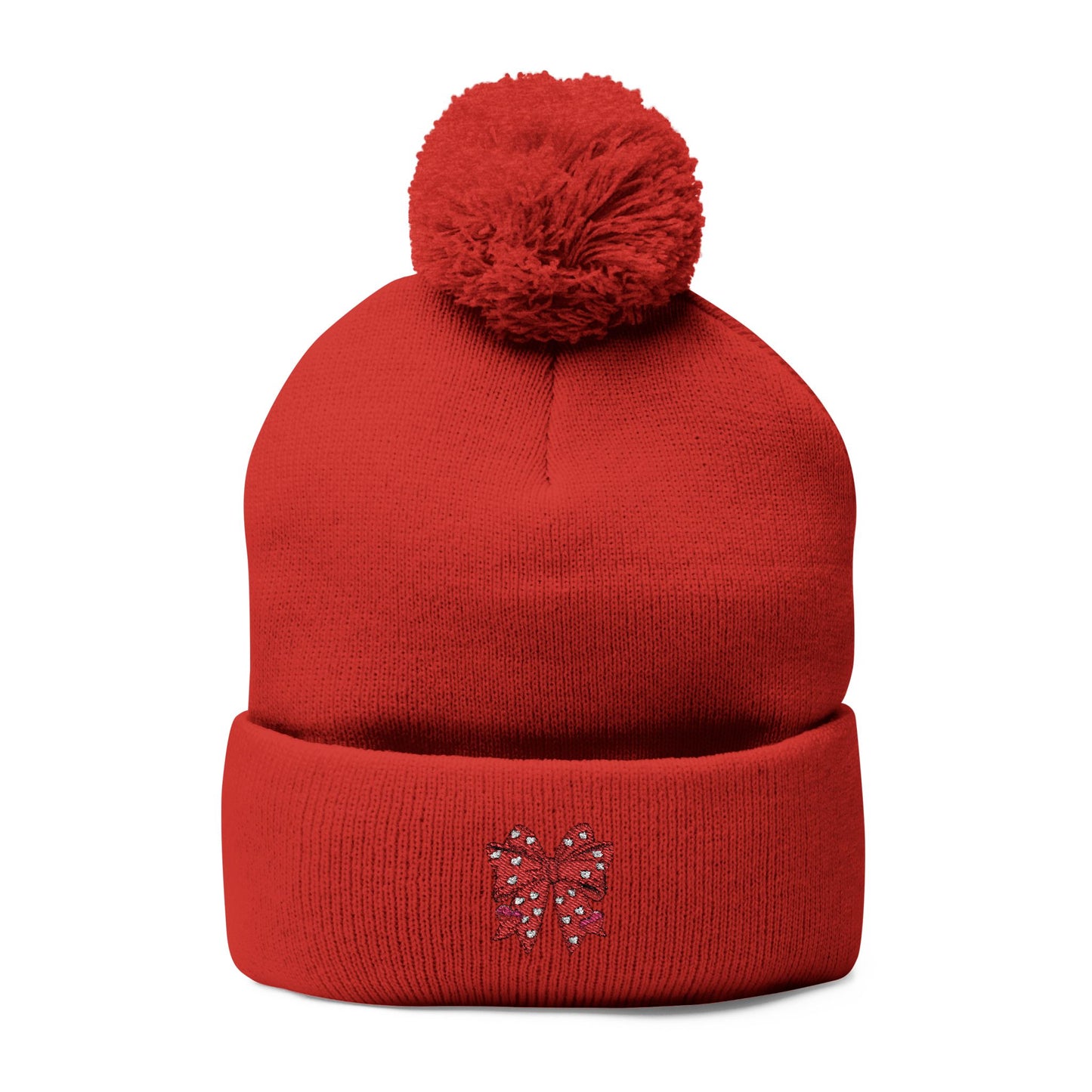 Cozy Pom-Pom Coquette Knit Cap with Embroidered Red Bow