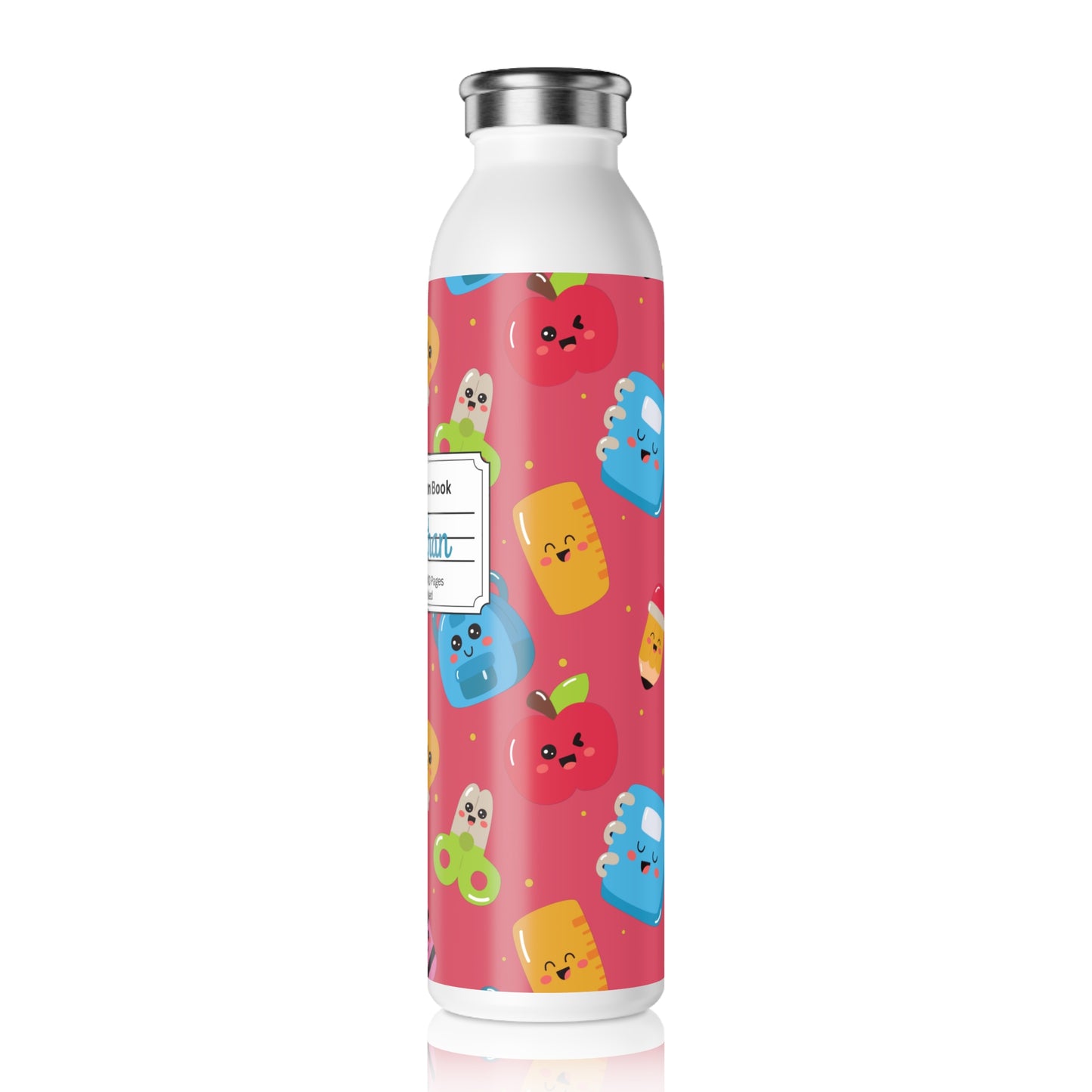 Personalized Kawaii Composition Book Inspired Slim Water Bottle, Customizable Drinkware, Eco-Friendly Hydration Bottle, Perfect for Gifts, School Supplies, Back to School