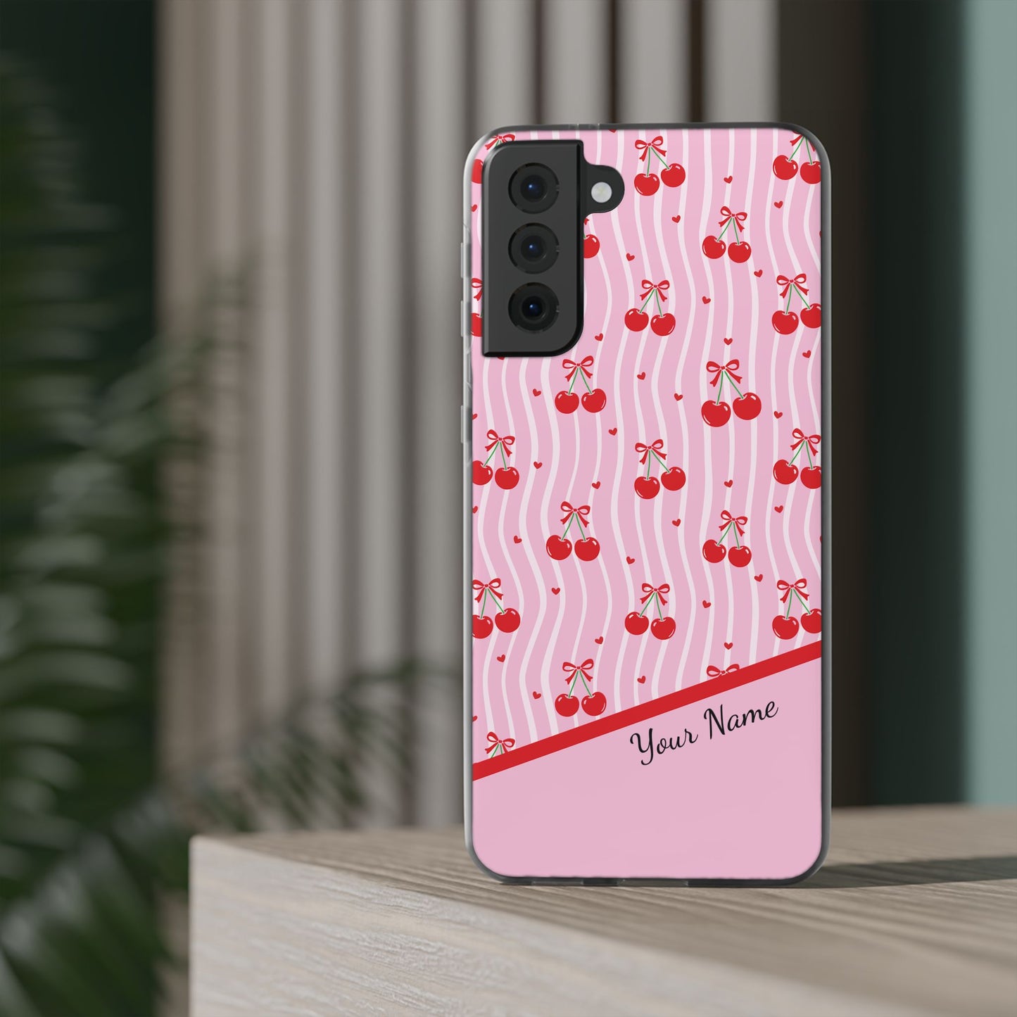 Personalized Cherry Blossom Dreams Flexi Case — Pink Retro Cherry iPhone® 7/8, 11, 12, 13, 14, 15, 16, 17, X/XS, SE, XR, Mini, Pro, Pro Max, Plus Cases.