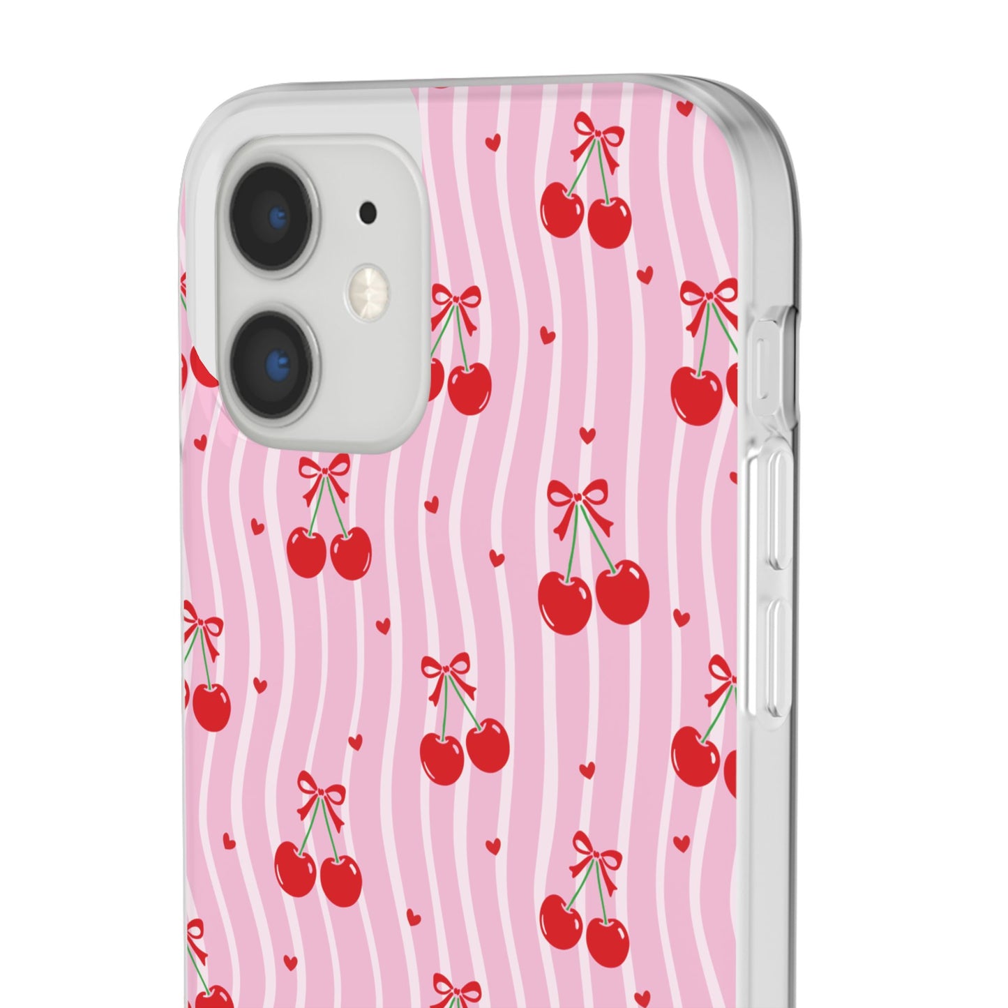 Personalized Cherry Blossom Dreams Flexi Case — Pink Retro Cherry iPhone® 7/8, 11, 12, 13, 14, 15, 16, 17, X/XS, SE, XR, Mini, Pro, Pro Max, Plus Cases.