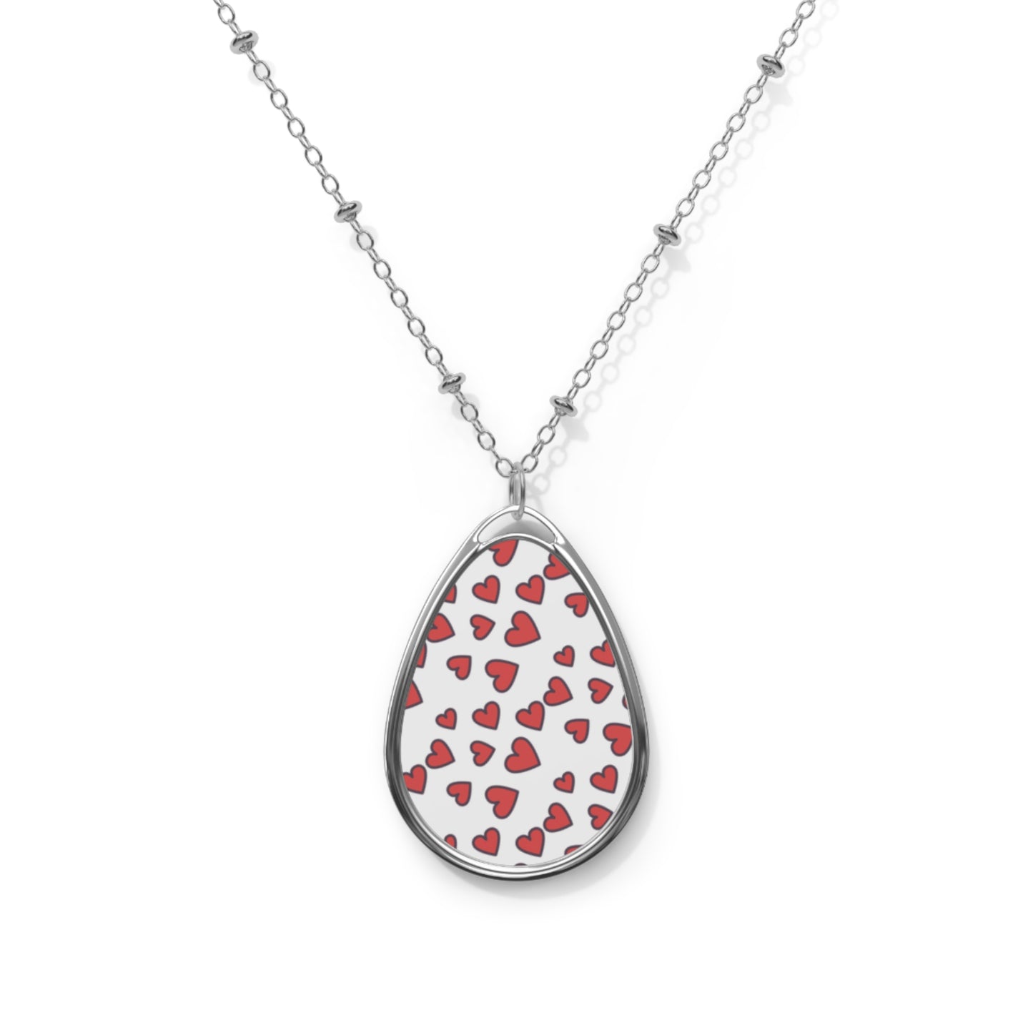 Oval Heart Pattern Necklace — Silver Teardrop Pendant with Red Hearts (Valentine’s Gift)
