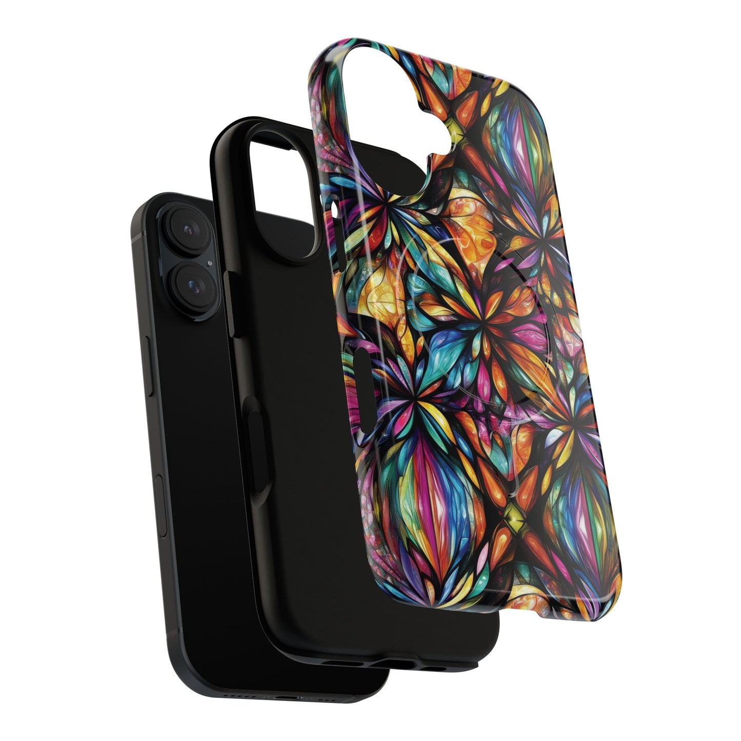 Luminous Whirl Tough Magnetic iPhone Cases, Vibrant Protection, Unique Floral Print, Durable Cover, Gift for Tech Lovers, iPhone Accessory, Stained Glass iPhone Design.