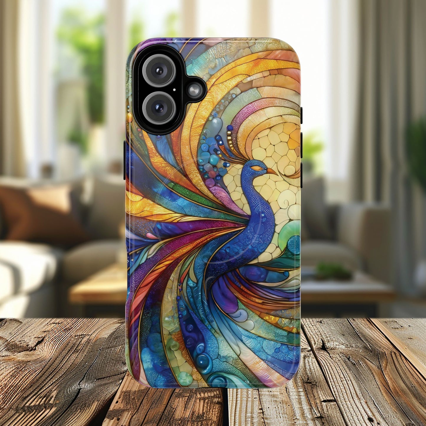Mosaic Peacock Feathers Magnetic Phone Case, Tough Phone Shell, Vibrant Art Case, Gift for Her, Unique Phone Accessory, Wildlife Lover's Gift, Stained Glass Case.