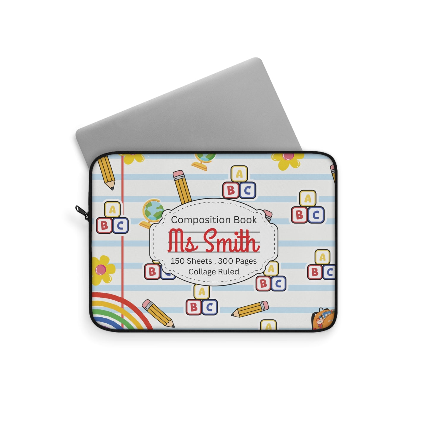 Personalized White SchoolYard Chic Laptop Sleeve with Composition Book Inspired Design, Educational Gift for Teachers, Classroom Organization, Back to School, Unique Teacher Accessory