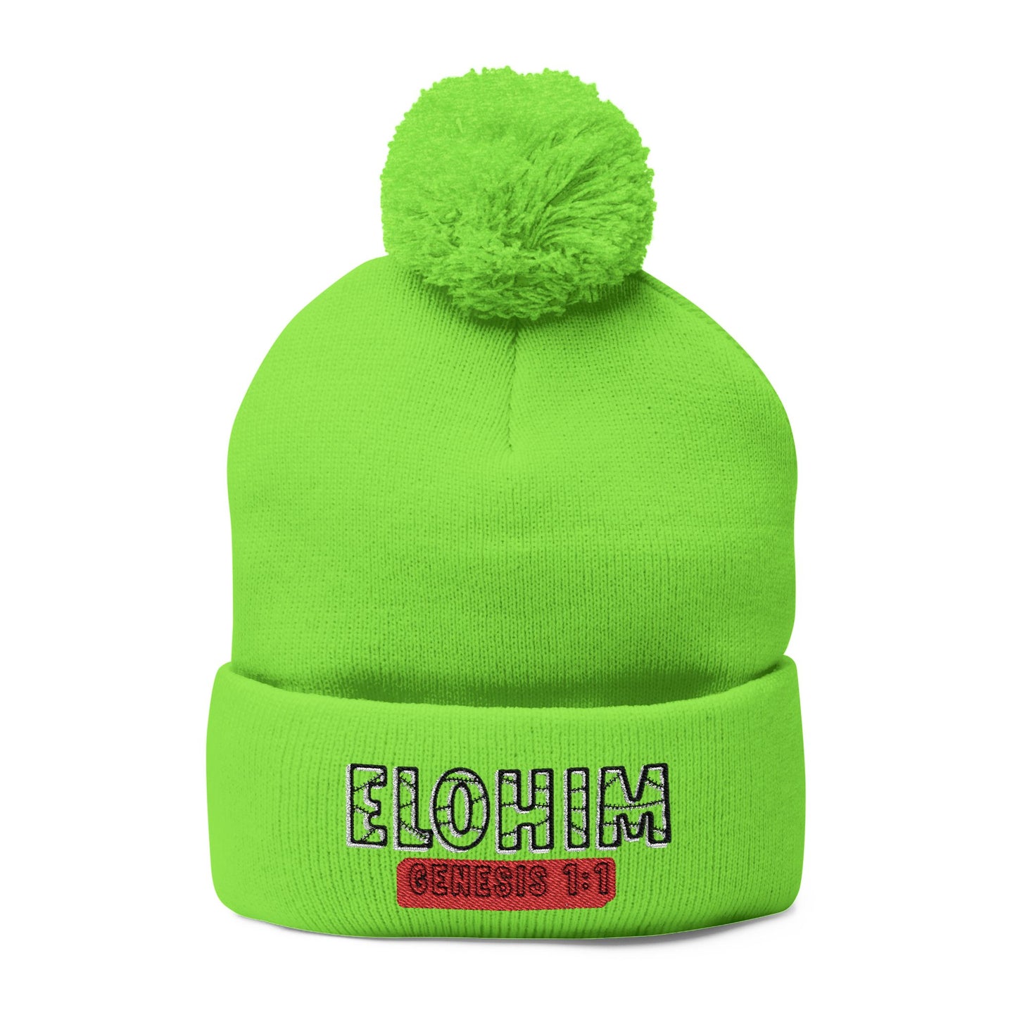 Cozy Pom-Pom Knit Cap with 'ELOHIM, GENESIS 1:1'  Embroidery Beanie - Stylish Winter Accessory for All Ages, Perfect Gift for Birthdays, Holidays, and Outdoor Activities