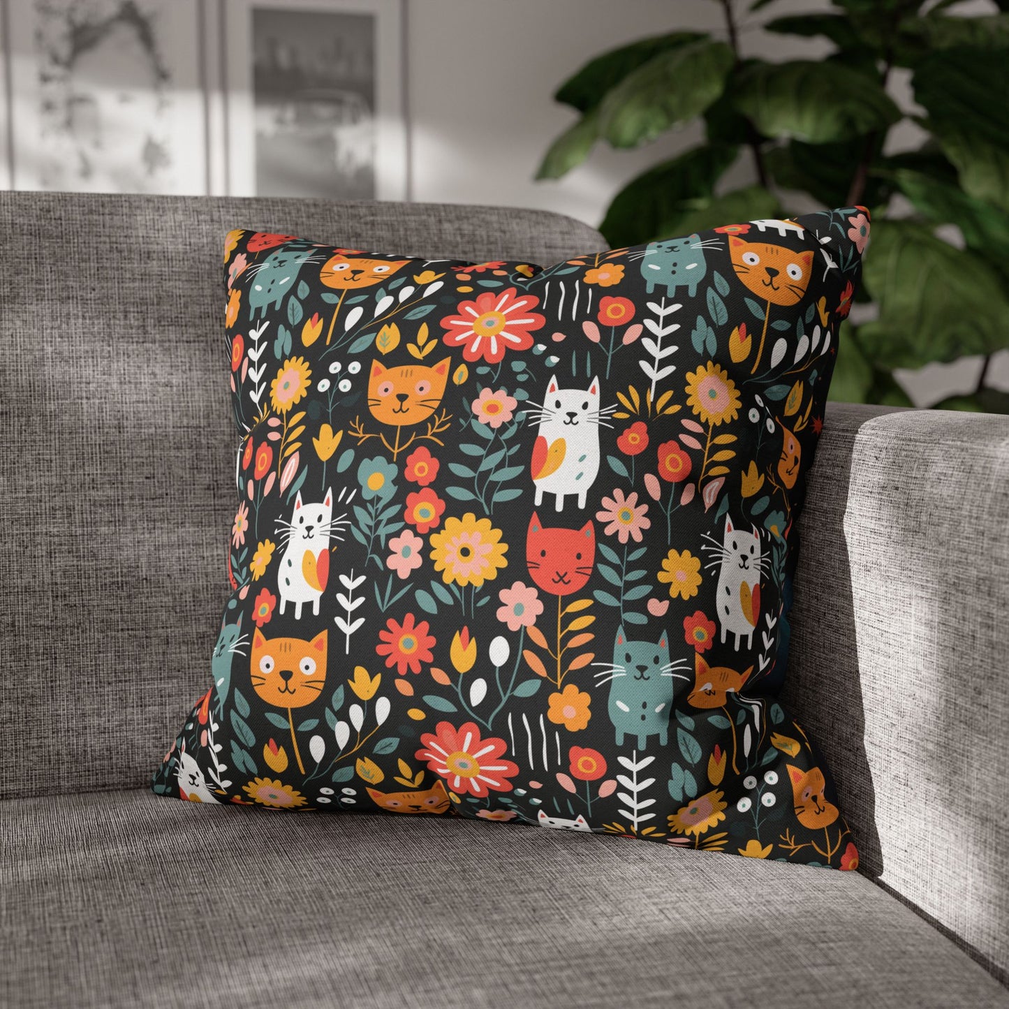 Whimsical Feline Garden Spun Polyester Square Pillow