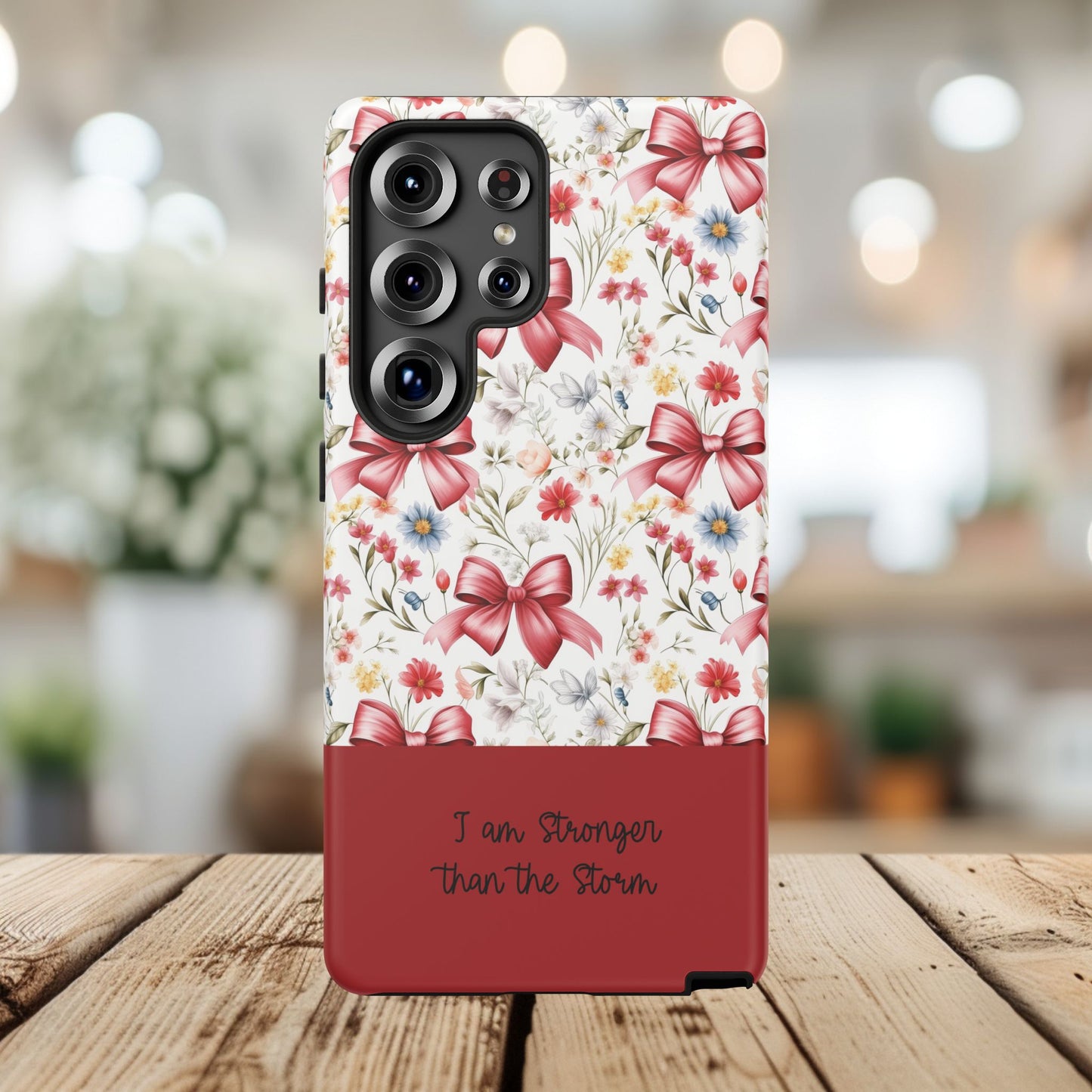 Personalized Rosette Coquette Phone Case - Custom Name/Message 'I Am Stronger Than The Storm' Floral Bow Protective Case