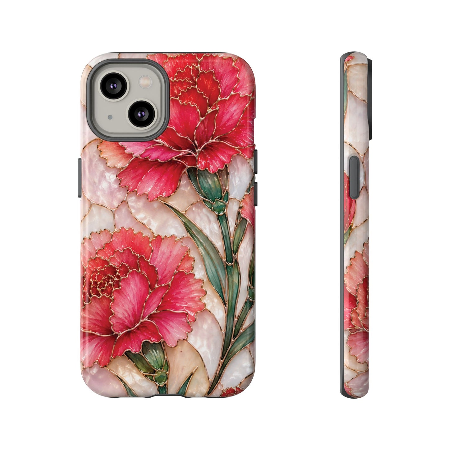 Stained Glass Effect Carnation Floral Tough Phone Case – Pink Vintage Botanical Protective Cover