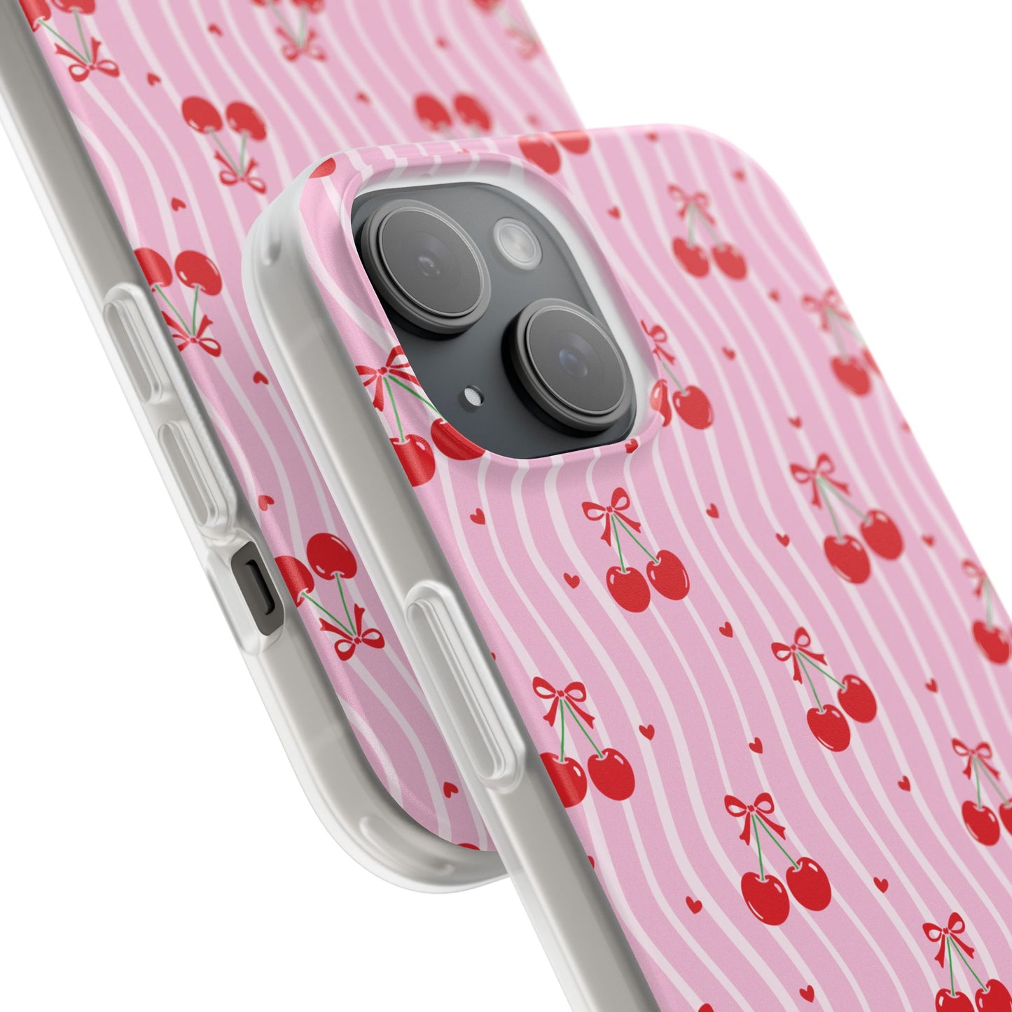 Personalized Cherry Blossom Dreams Flexi Case — Pink Retro Cherry iPhone® 7/8, 11, 12, 13, 14, 15, 16, 17, X/XS, SE, XR, Mini, Pro, Pro Max, Plus Cases.