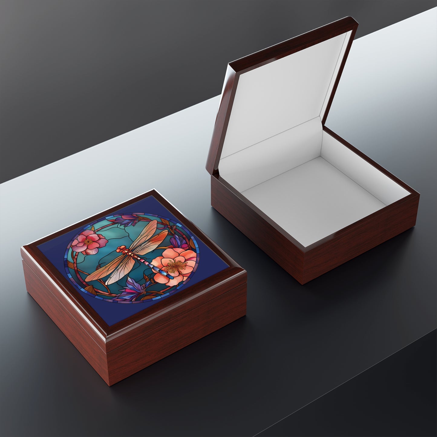 Dragonfly Stained Glass Jewelry Box — Floral Keepsake Storage