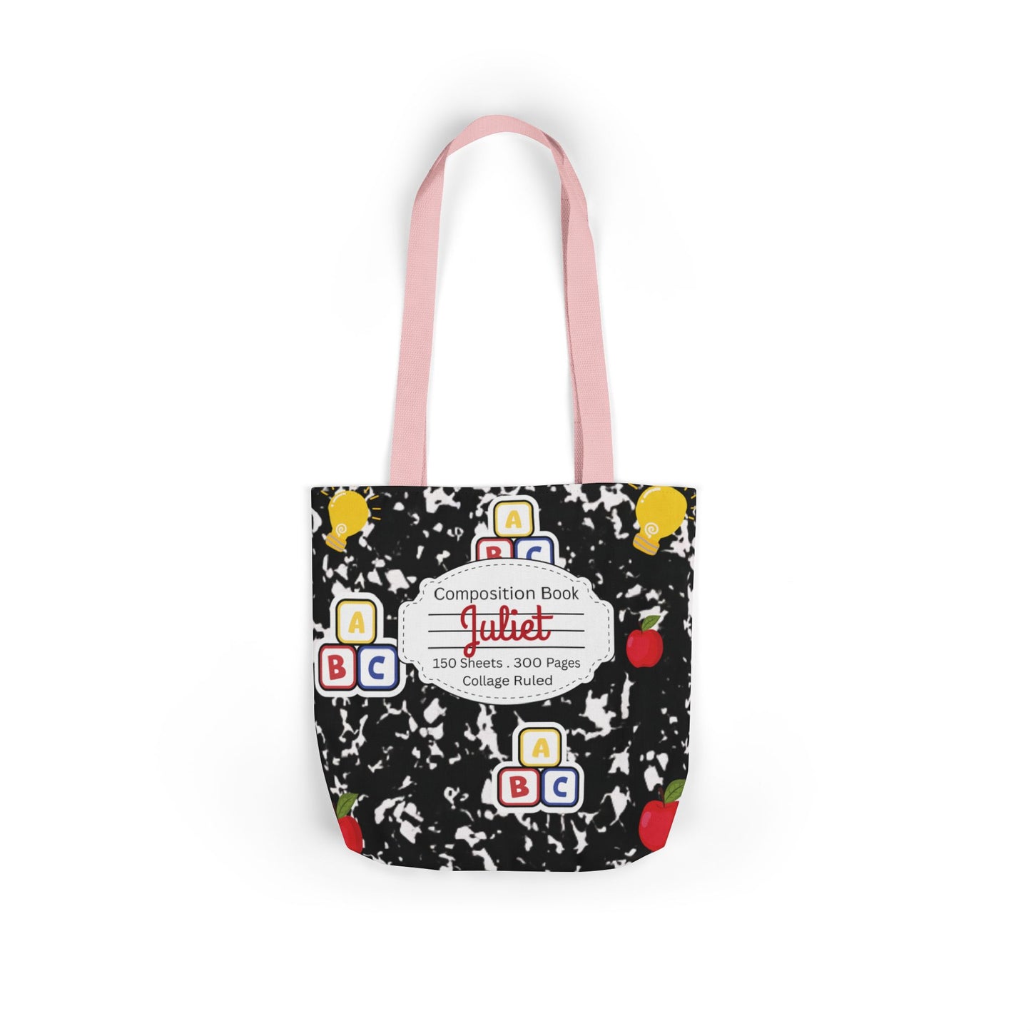 Personalized Black Composition Book Inspired Canvas Tote Bag with Colorful Straps, Cute School Bag, Eco-Friendly Tote, Back to School Shopping Bag, Teacher Gift Idea