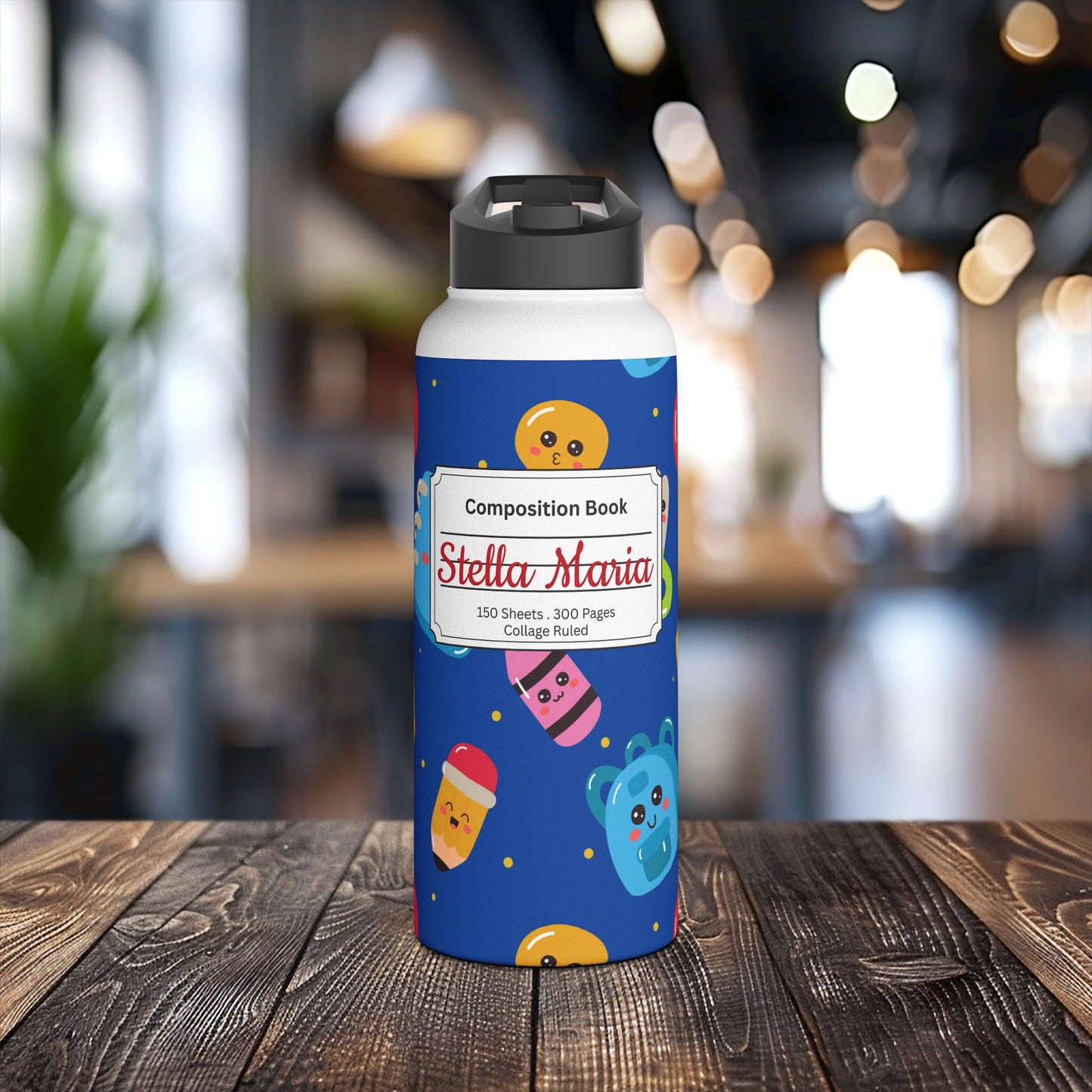 Personalized Blue Kawaii Composition Book Inspired Stainless Steel Water Bottle for Kids, School Supplies, Eco-Friendly Drinkware, Back to School, Teacher Gifts