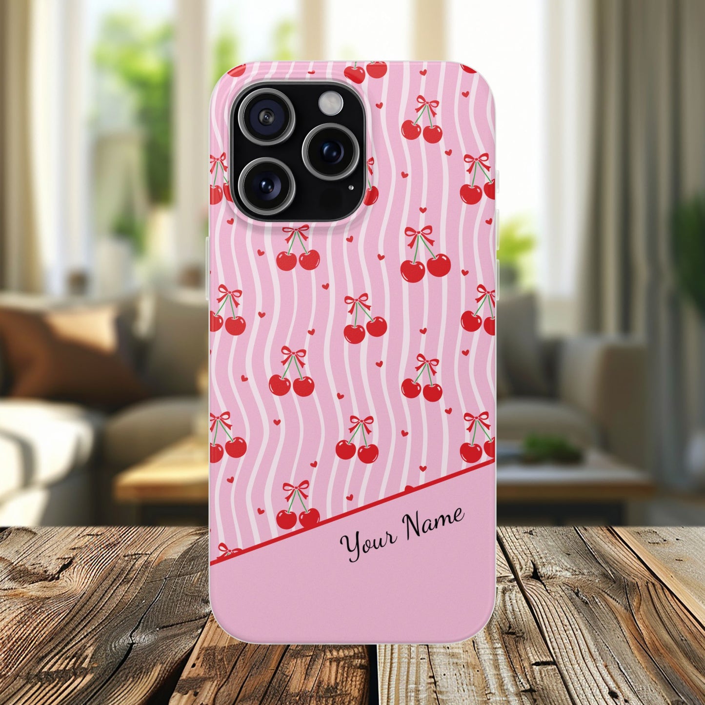 Personalized Cherry Blossom Dreams Flexi Case — Pink Retro Cherry iPhone® 7/8, 11, 12, 13, 14, 15, 16, 17, X/XS, SE, XR, Mini, Pro, Pro Max, Plus Cases.