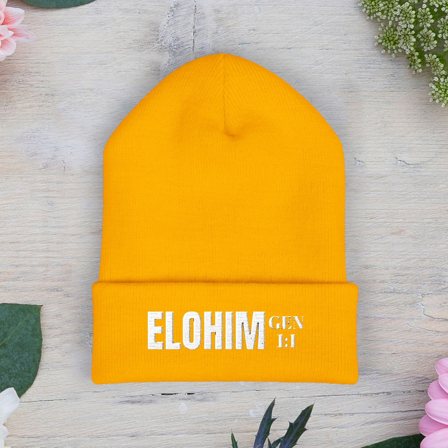Embroidered 'ELOHIM, GENESIS 1:1' Classic Cuffed Beanie - Cozy Winter Hat, Streetwear Accessory, Personalized Gifts, Religious Apparel, Unisex Beanie
