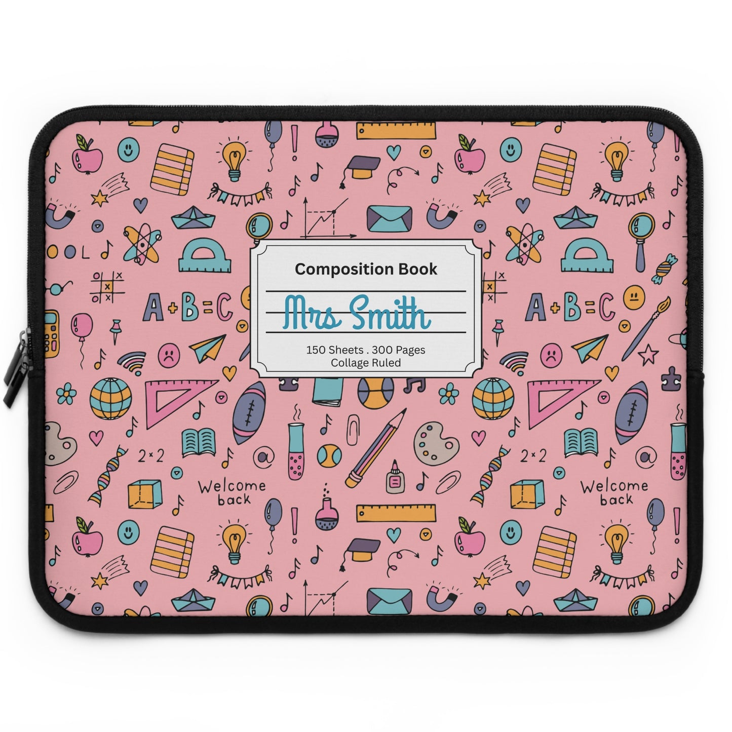 Personalized Pink Chalkboard Chic Laptop Sleeve with Composition Book Inspired Design, Customizable Tech Case, School Supplies, Gift for Students, College Essentials, Back to School