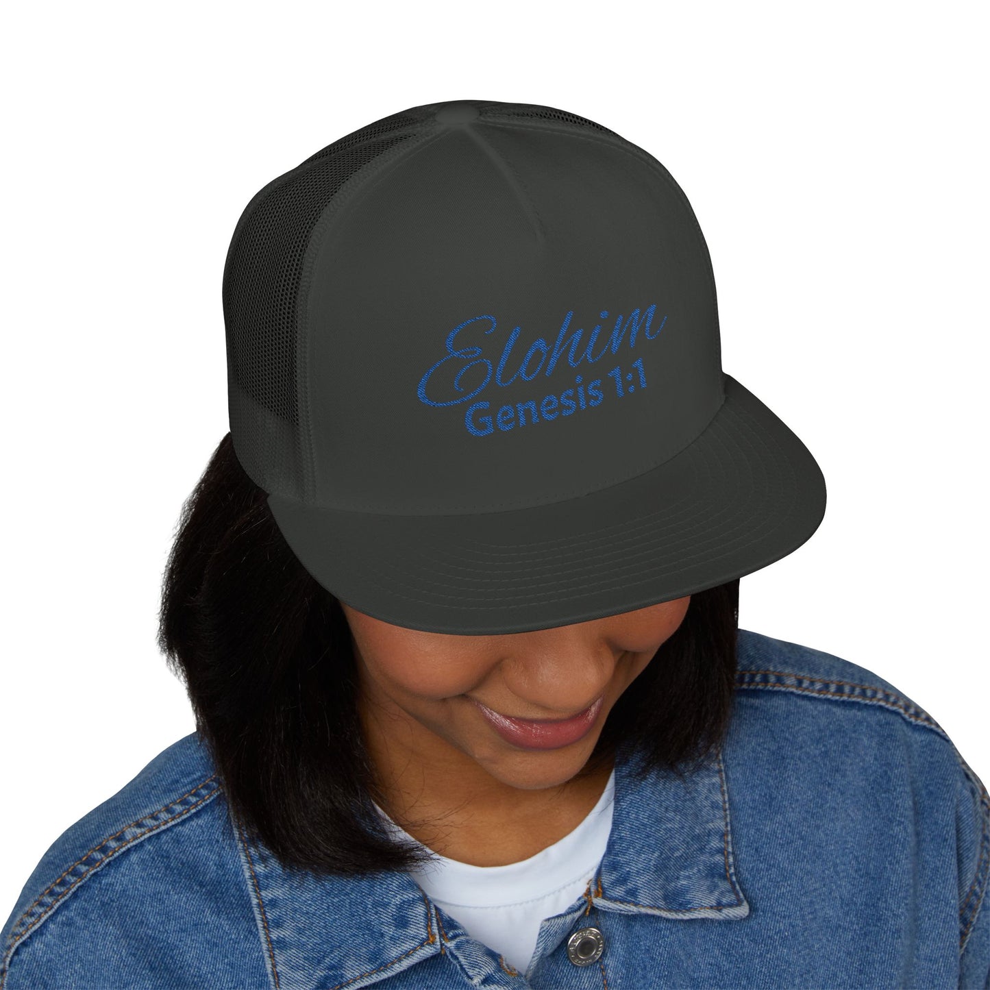 Navy 'ELOHIM, GENESIS 1:1'  Embroidered 5 Panel Trucker Cap | Casual Style Hat, Adjustable, Unisex, Perfect Gift for Outdoors, Festivals, Daily Wear