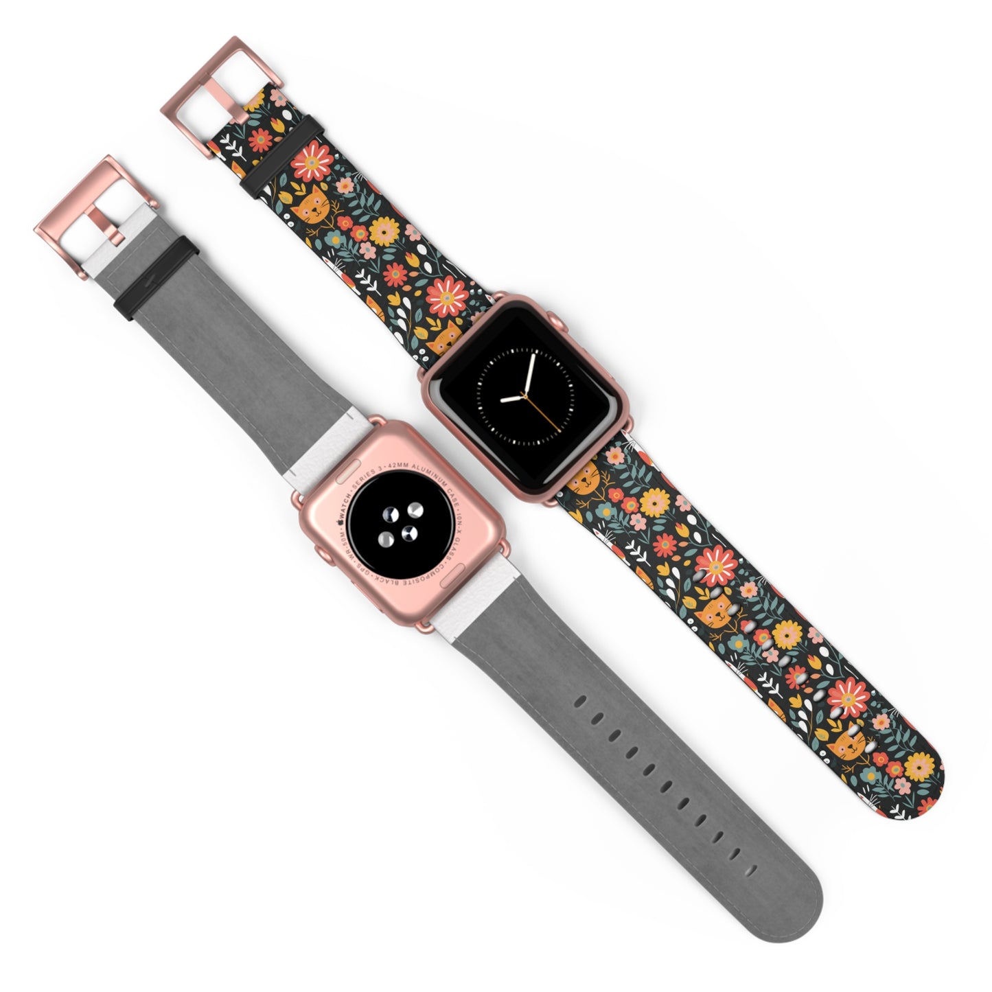 Whimsical Feline Garden Print Watch Band for Apple Watch - Cute Animal Design.