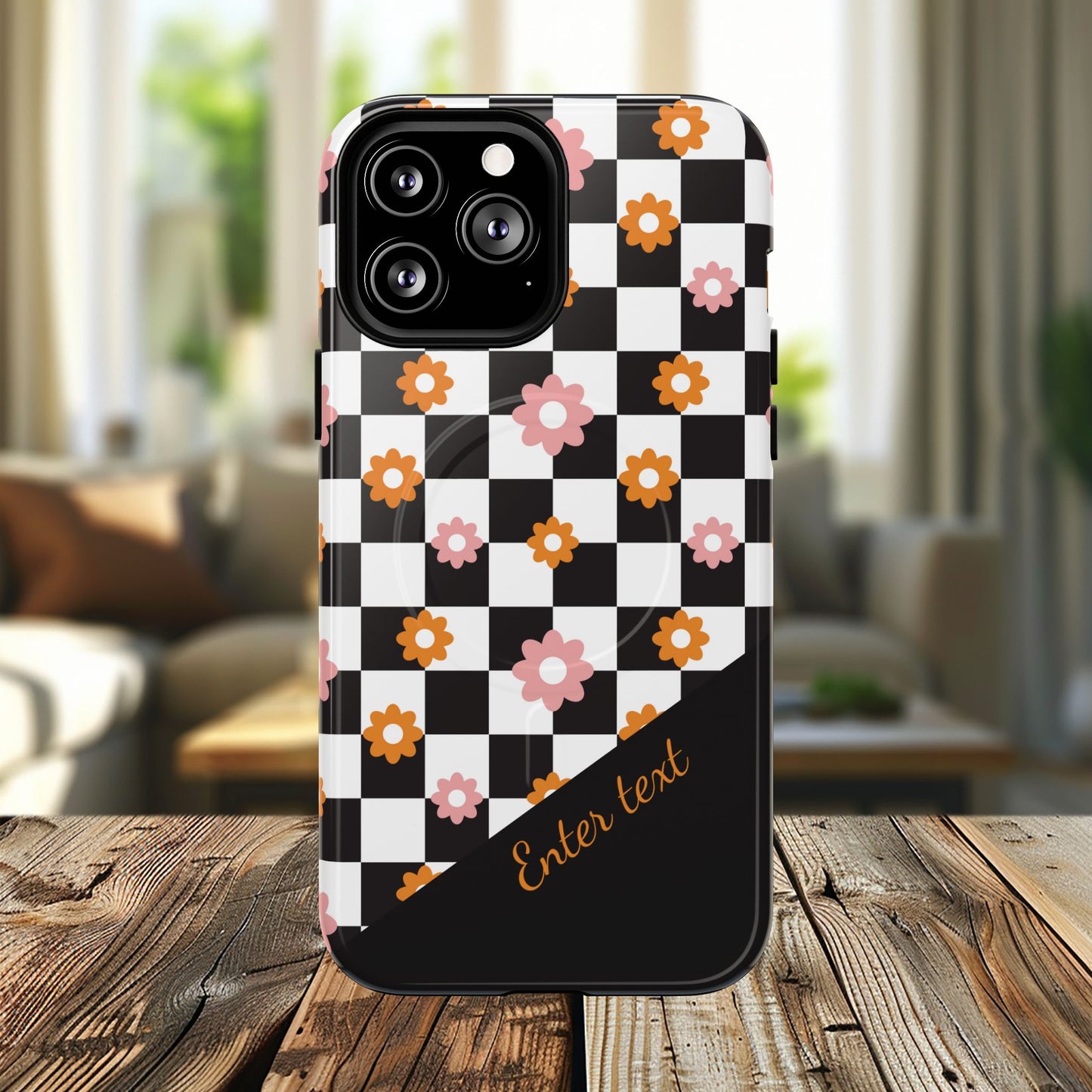Groovy Checkered Bloom iPhone Case, Tough Magnetic Cases for Women, Stylish iPhone Cover, Trendy Floral Print, Gift for Her, Everyday Accessories
