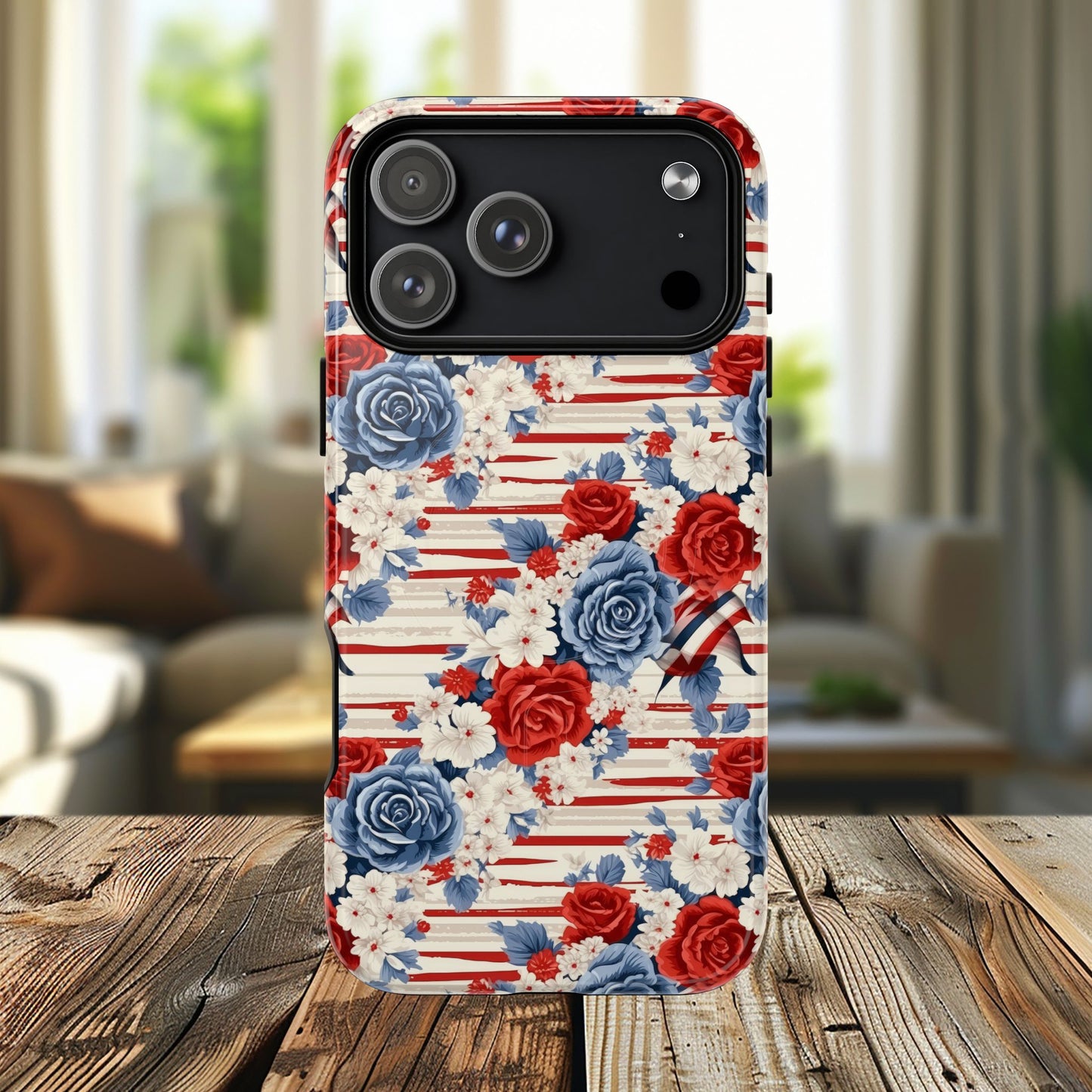 Floral Freedom Tough iPhone Magnetic Case, Red Blue Flower Design,  iPhone MagSafe® compatibility Cover, Best Gift for Her, Holiday Present