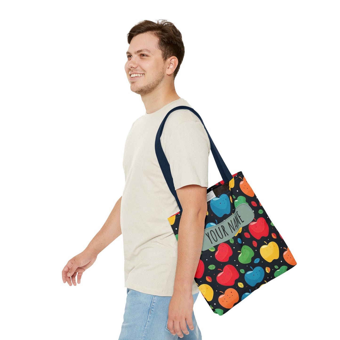 All-Over Apple Print Personalized Tote Bag — Durable Everyday Carry (3 Sizes, 5 Handle Colors)