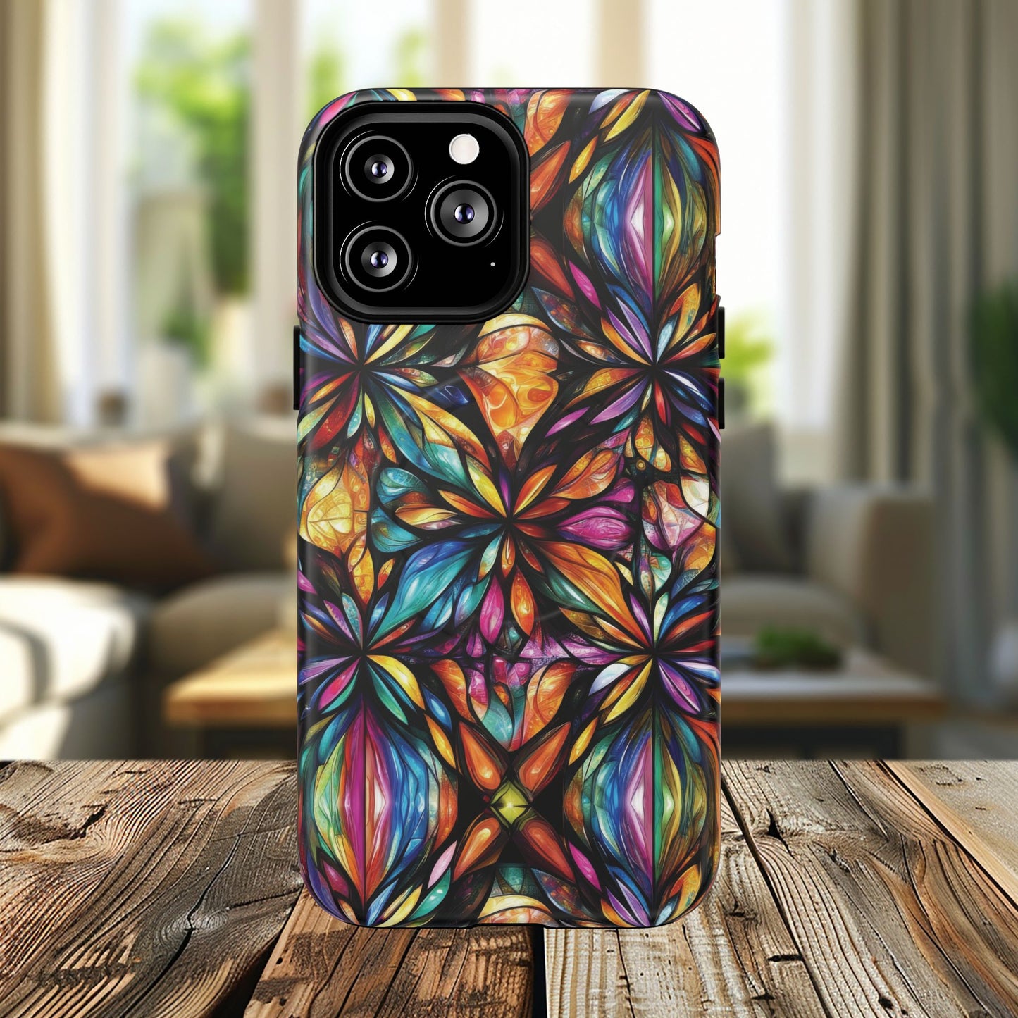 Luminous Whirl Tough Magnetic iPhone Cases, Vibrant Protection, Unique Floral Print, Durable Cover, Gift for Tech Lovers, iPhone Accessory, Stained Glass iPhone Design.
