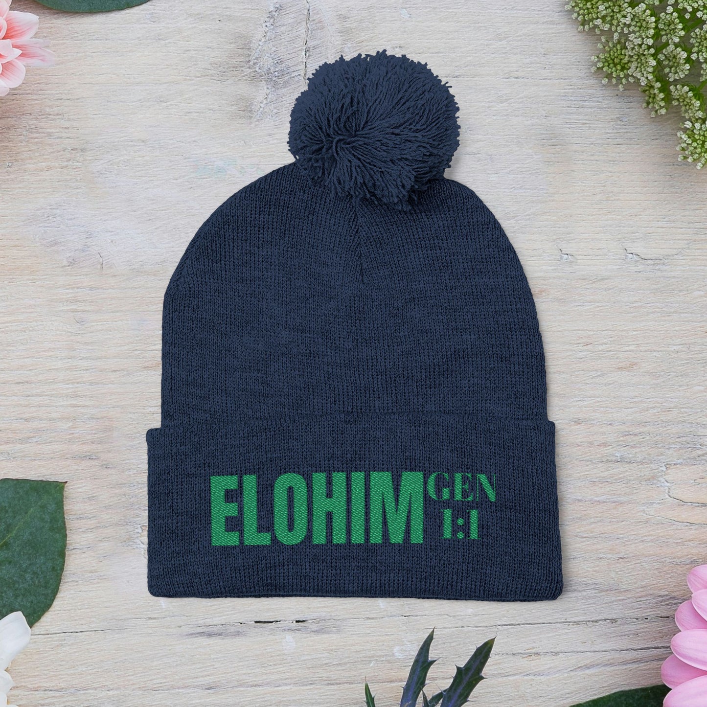 Pom-Pom Knit Cap with 'ELOHIM, GENESIS 1:1'  Embroidery Beanie - Stylish Winter Accessory for All Ages, Perfect Gift for Birthdays, Holidays, and Outdoor Activities