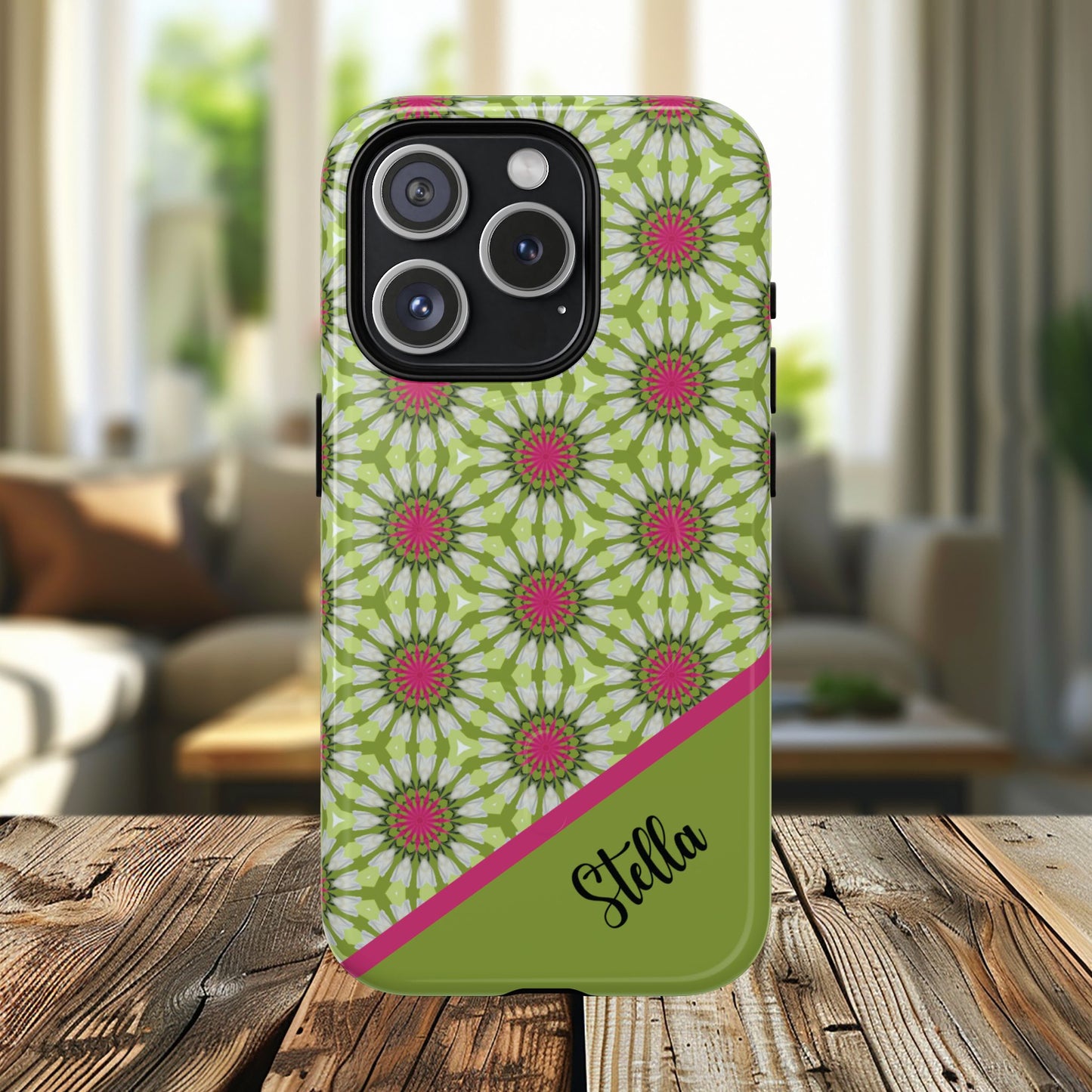 Personalized Meadow Mandala Bloom Vibrant Flower  — Green & Pink Geometric Daisy Design