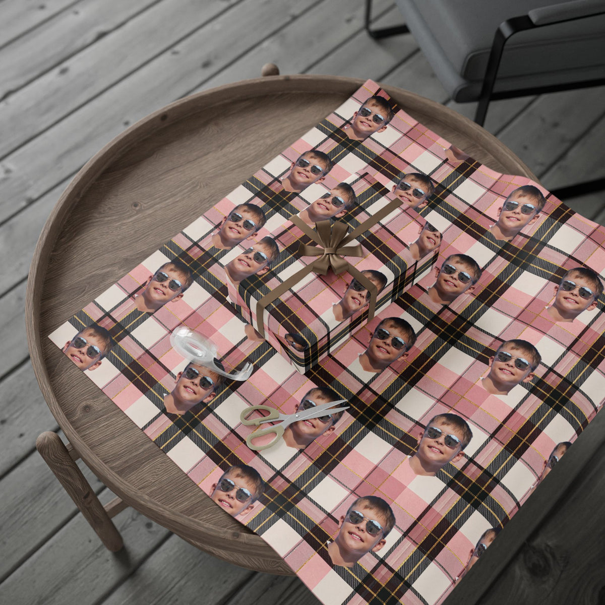 Personalized Image Plaid Wrapping Paper Roll — Pink Tartan Gift Wrap