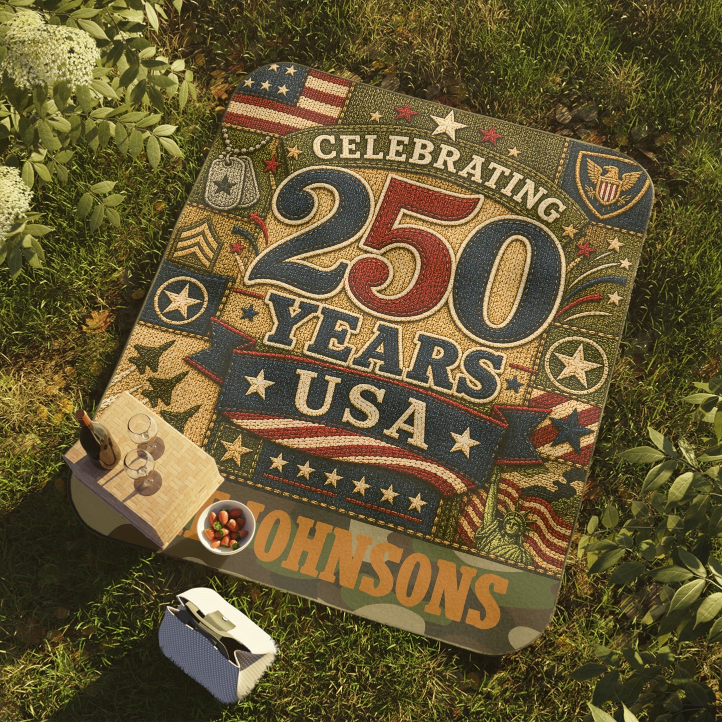 Personalized 'Celebrating 250 Years USA' Picnic Blanket — Custom Family Name (The Johnsons)