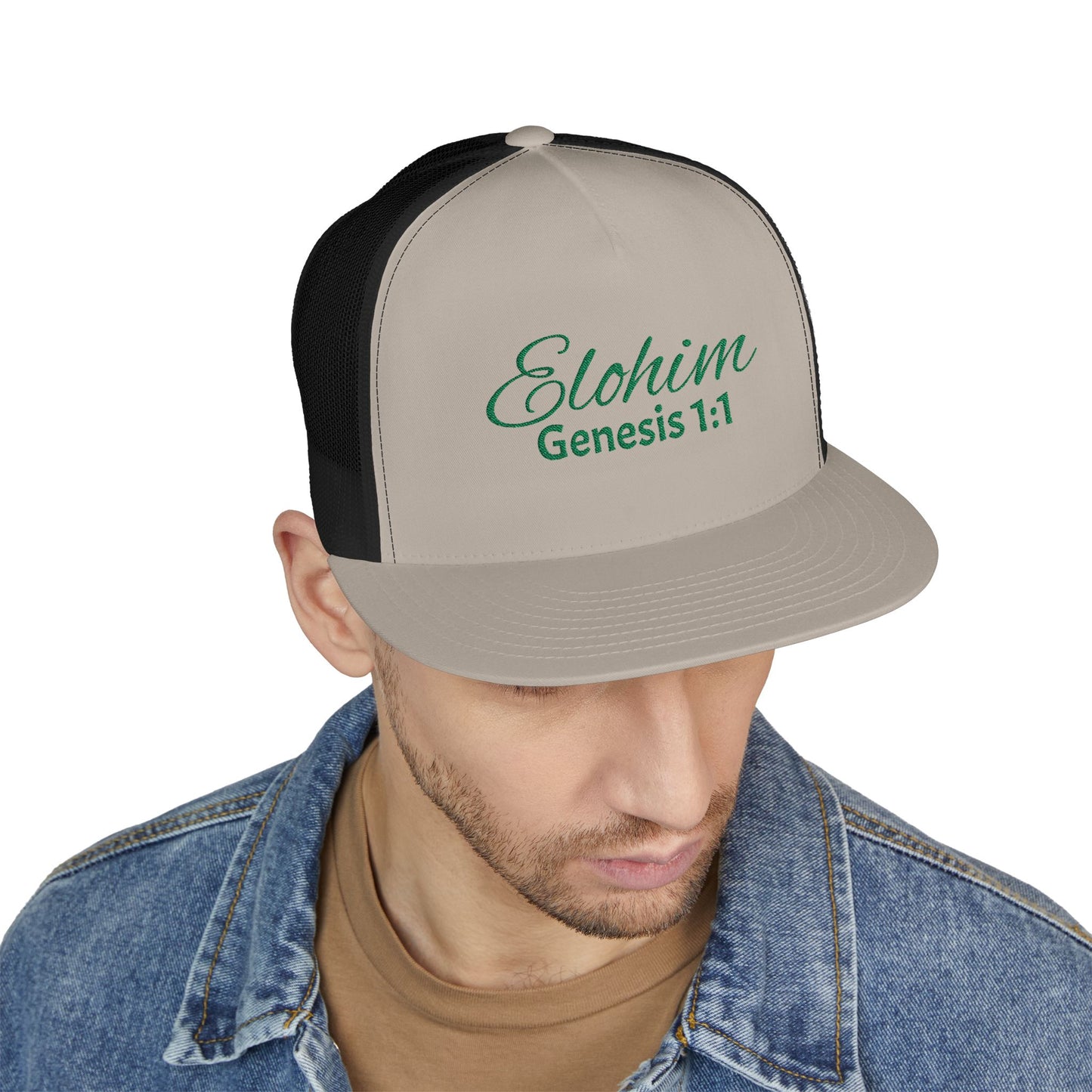 Green 'ELOHIM, GENESIS 1:1'  Embroidered 5 Panel Trucker Cap | Casual Style Hat, Adjustable, Unisex, Perfect Gift for Outdoors, Festivals, Daily Wear
