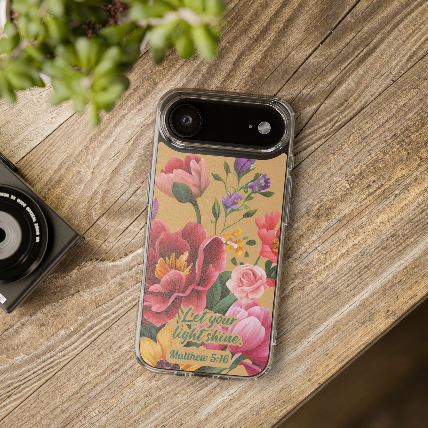 Clear Floral Bible Verse Phone Case — "Let Your Light Shine" (Matthew 5:16) for iPhone and Samsung Cases.