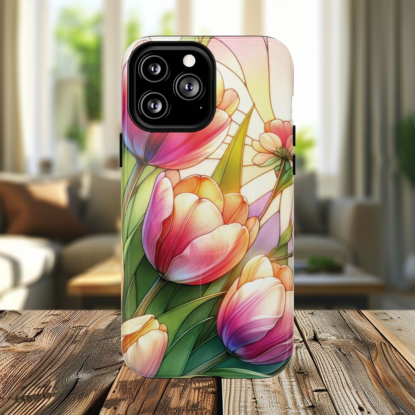 Tulip Glow Tough iPhone Magnetic Case, Floral Design, Spring Gift, Durable Protection, Smartphone Accessories, MagSafe Accessories, Stained Glass Tulip Gift