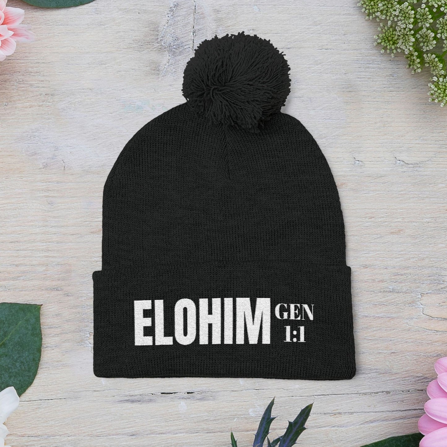 Pom-Pom Knit Cap with 'ELOHIM, GENESIS 1:1'  Embroidery Beanie - Stylish Winter Accessory for All Ages, Perfect Gift for Birthdays, Holidays, and Outdoor Activities