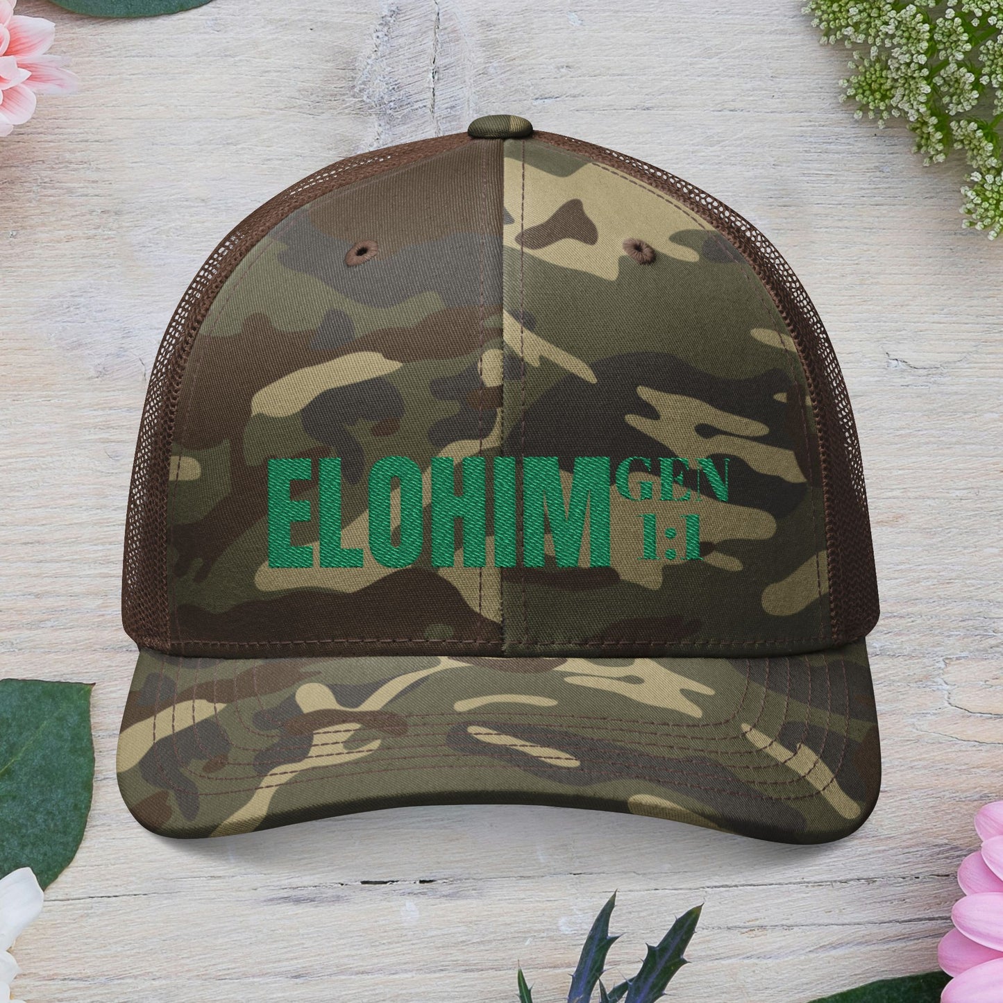 Green Camouflage Embroidered Trucker Hat with 'ELOHIM, GENESIS 1:1', Casual Style Hat, Adjustable, Unisex, Perfect Gift for Outdoors, Festivals, Daily Wear.
