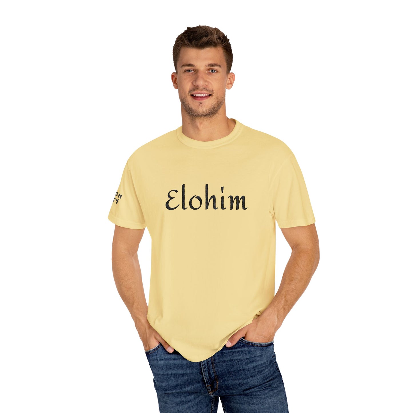 Embroidery 'ELOHIM, GENESIS 1:1' - Faith-Based Unisex Garment-Dyed Comfort Colors T-shirt, Faith Gift Tee, Religious Tee, Embroidery Tee.
