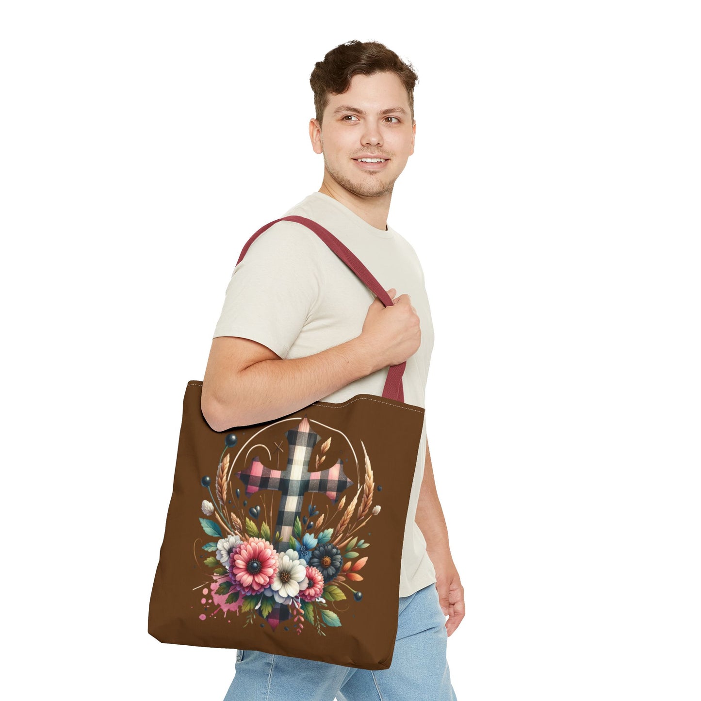 Faith and Floral Cross Heart Tote Bag